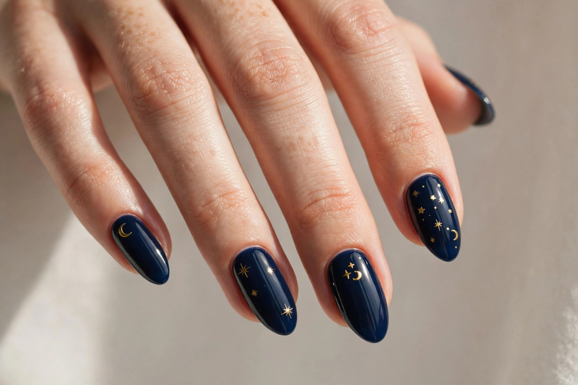 Midnight blue press-on nails with gold star and moon decals for Christmas