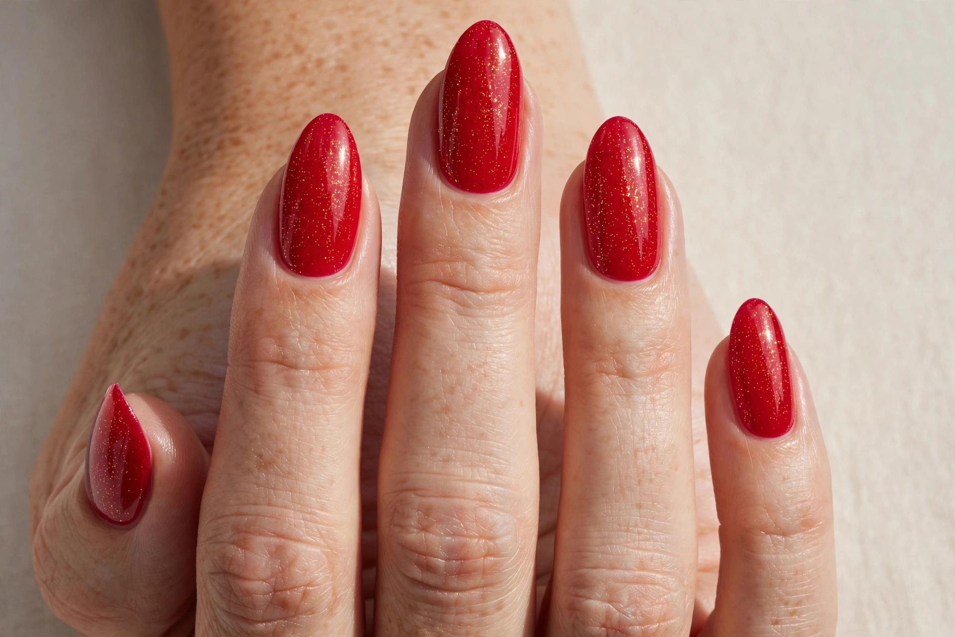 Candy apple red glossy press-on nails with gold micro glitter for Christmas