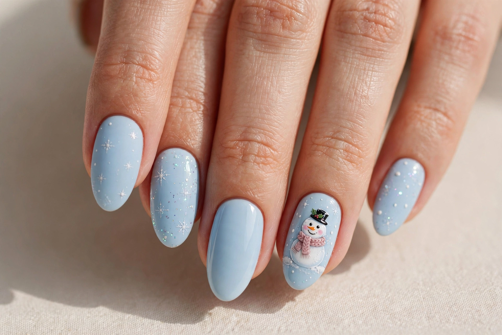 Snowman accent nail art on pastel blue press-on nails for Christmas