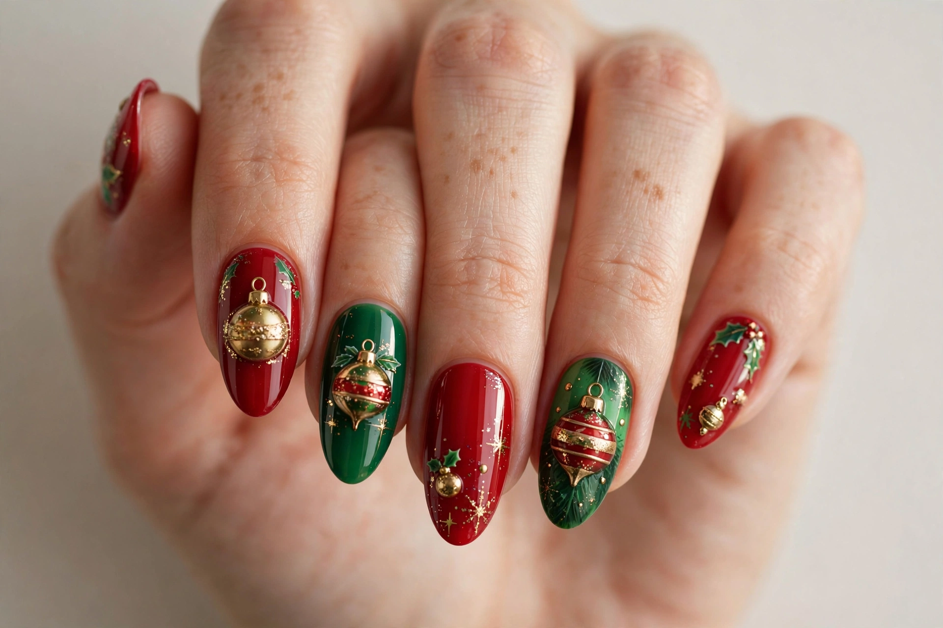 Christmas ornament bauble nail art on red and green press-on nails