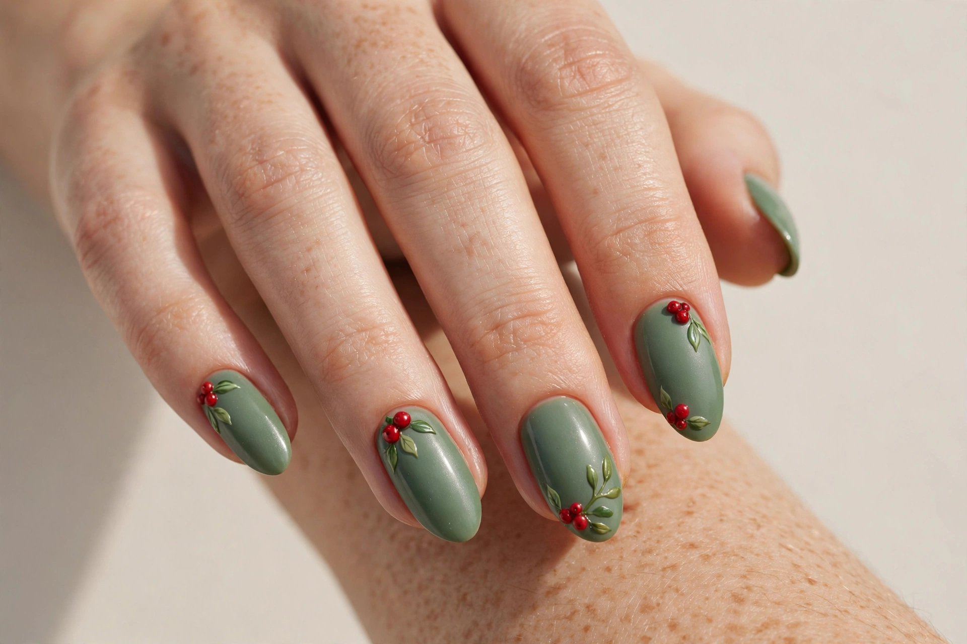 Mistletoe green press-on nails with red berry accents for Christmas