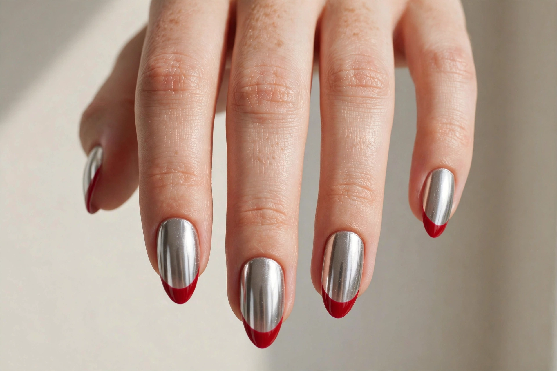 Silver chrome press-on nails with red French tips for Christmas