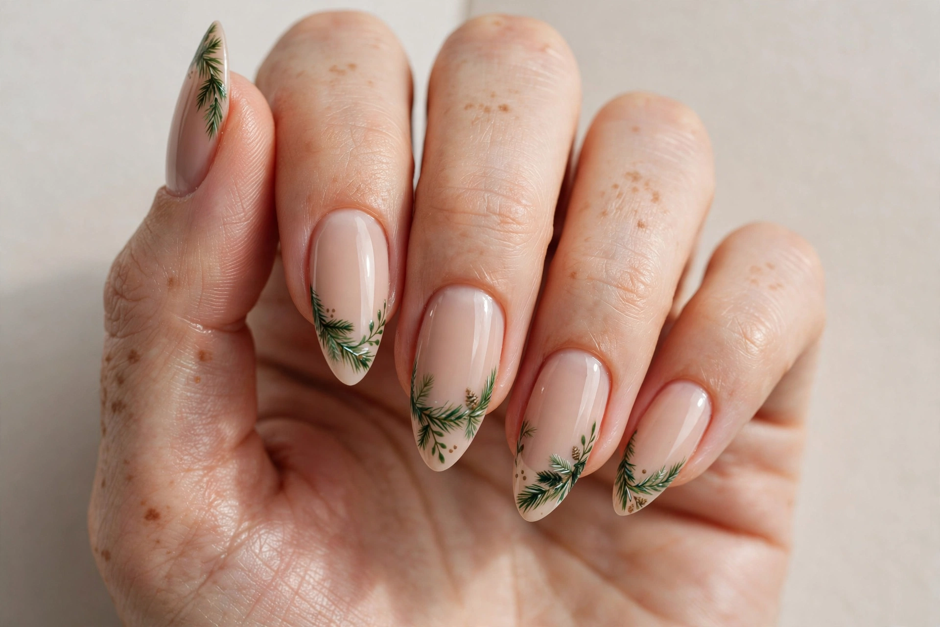 Pine garland green tip press-on nails on nude base for Christmas