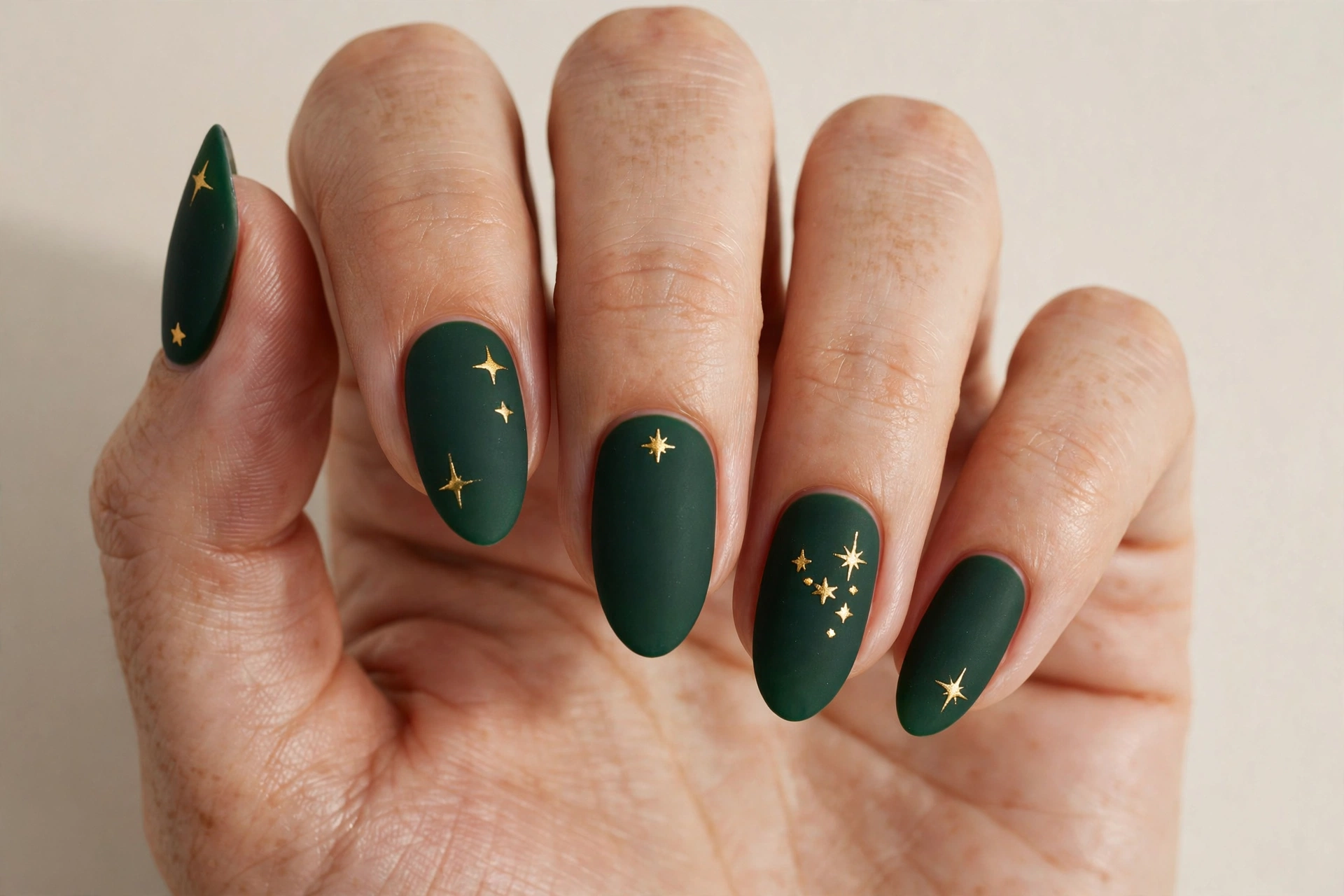 Forest green matte press-on nails with gold star accents for Christmas