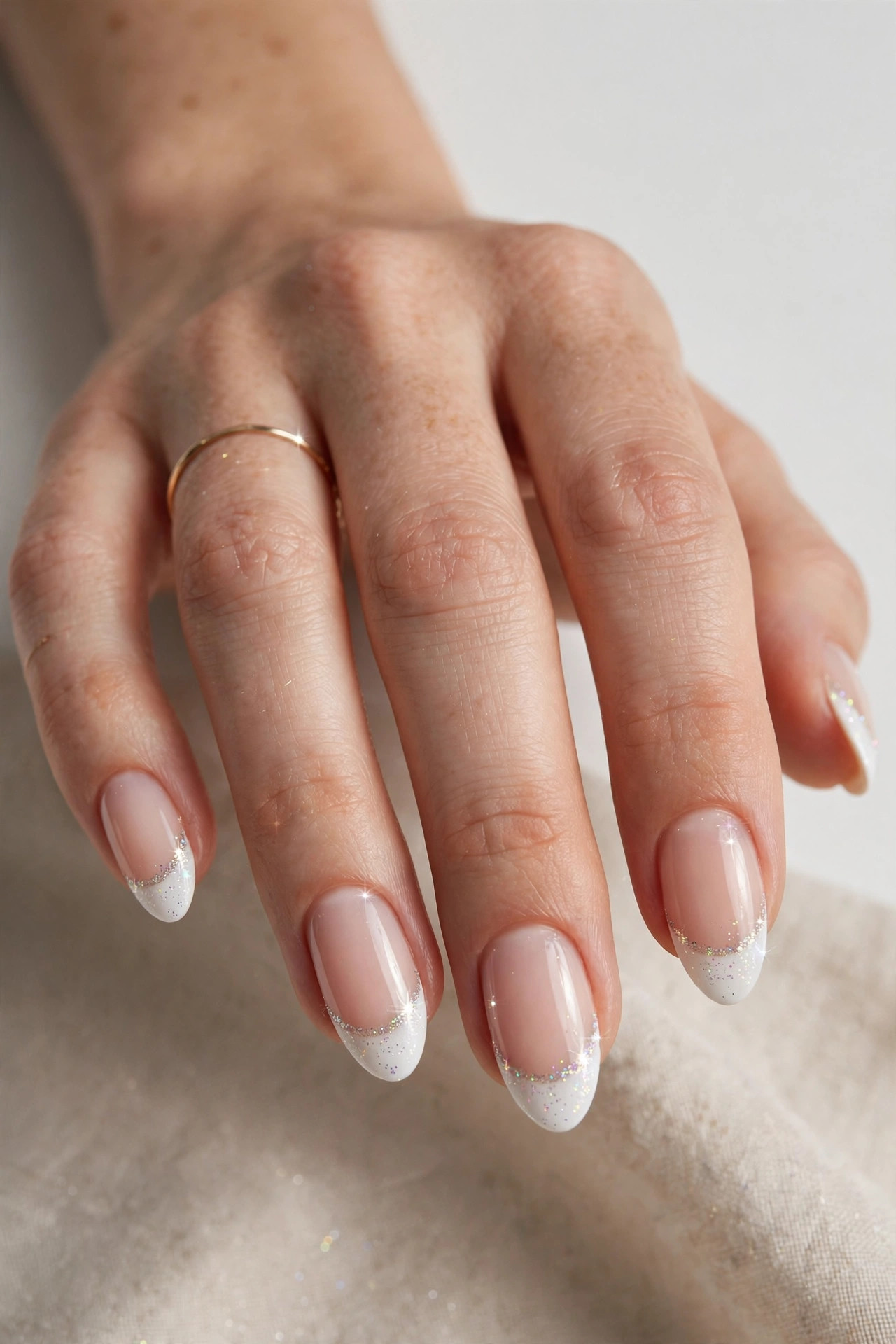 Classic white French tip Christmas nails with subtle holiday sparkle