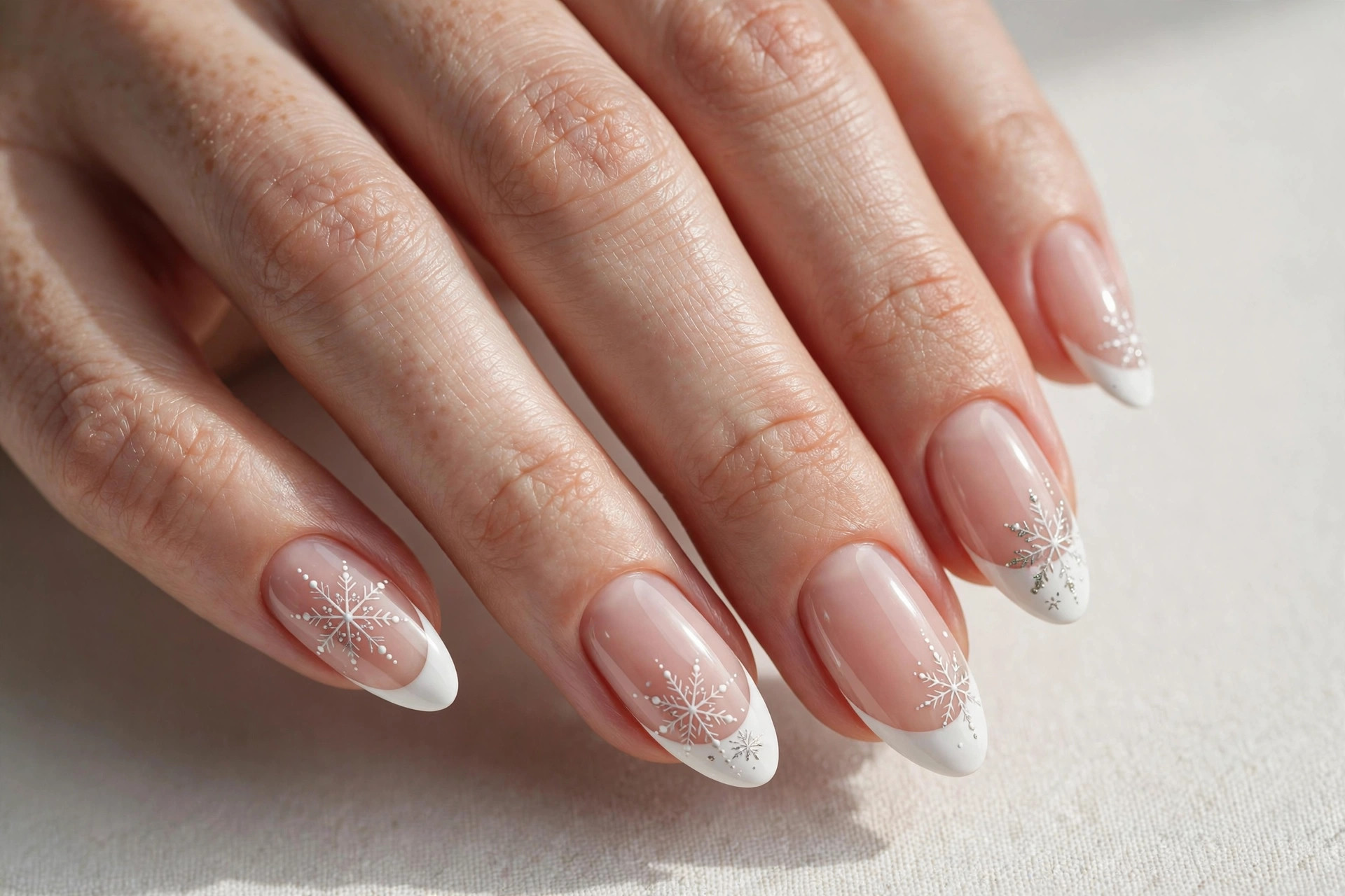 White French tip nails with delicate snowflake nail art