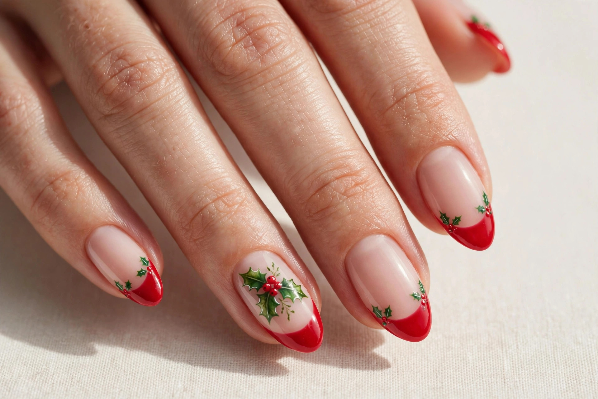 Red French tip nails with holly berry and leaf nail art
