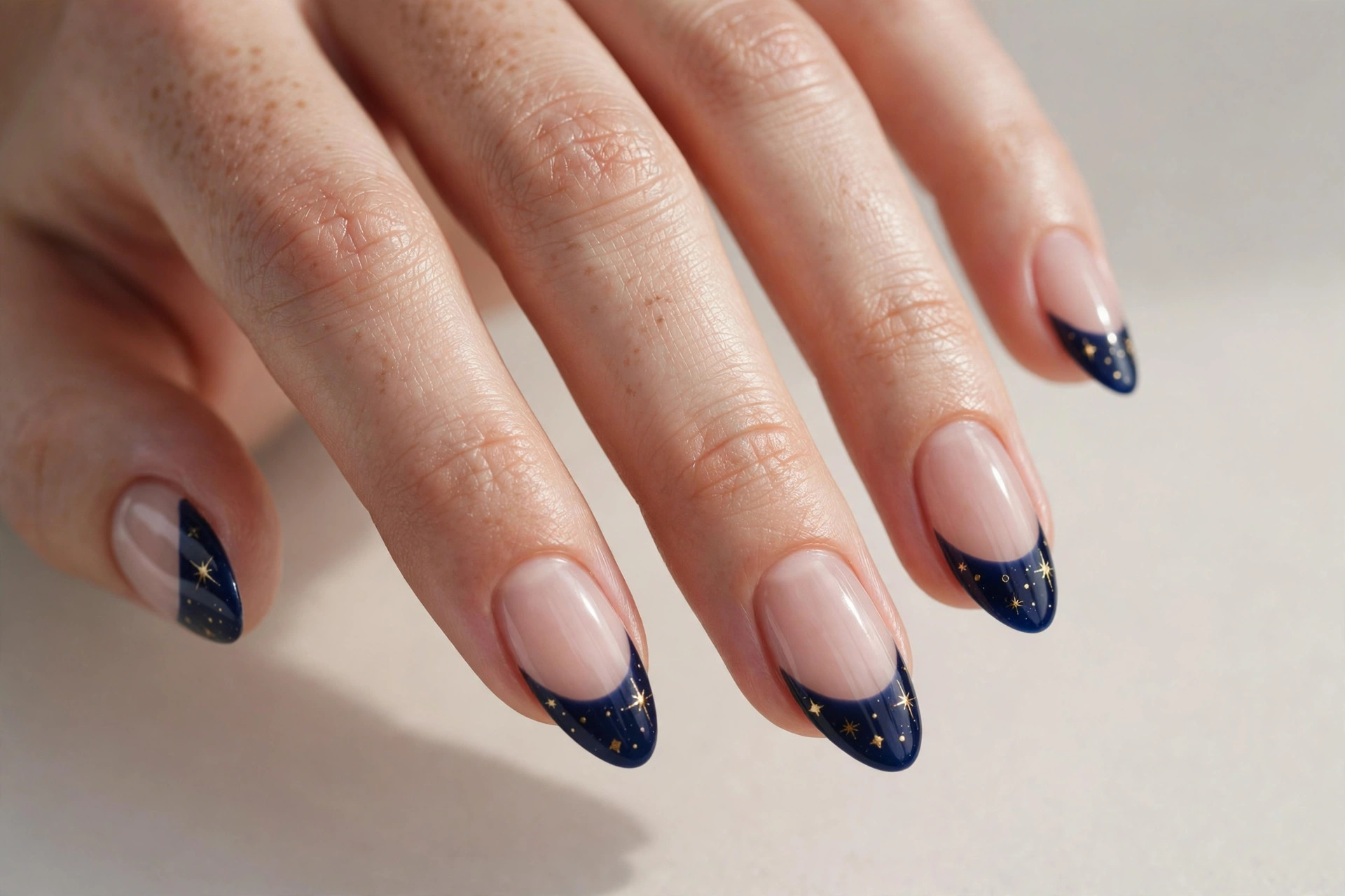 Midnight blue French tip nails with tiny gold star accents