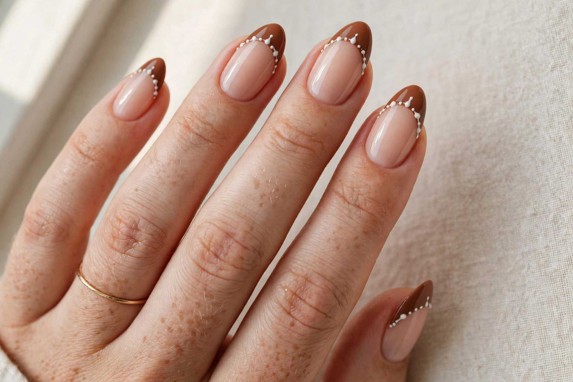 Gingerbread brown French tip Christmas nails with white icing dots