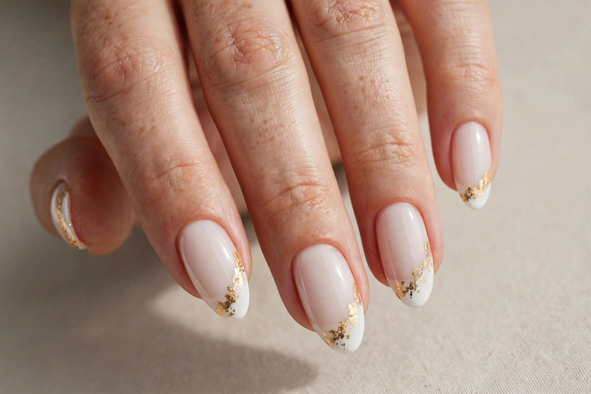 White French tip nails with delicate gold foil accents