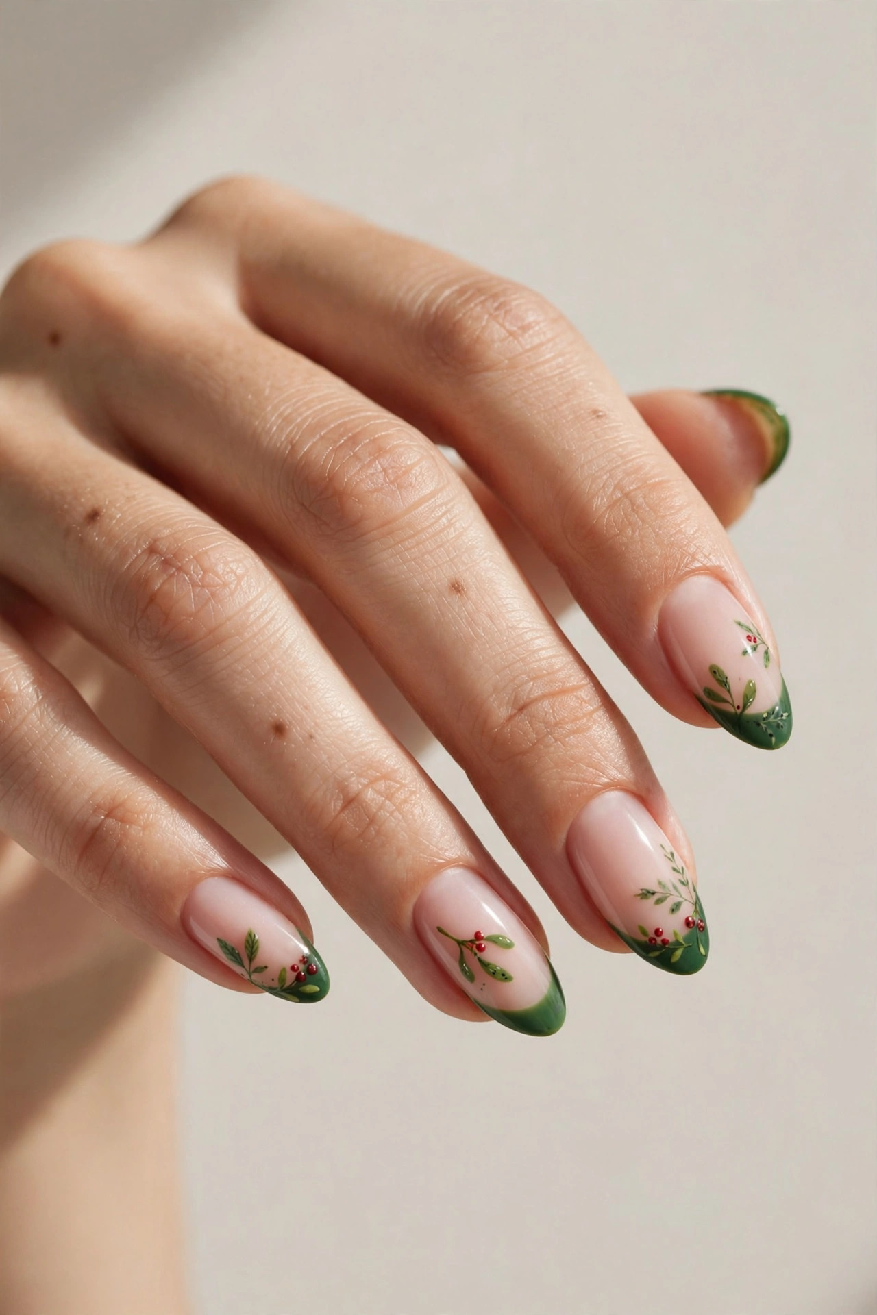 Green French tip nails with mistletoe berry and leaf details
