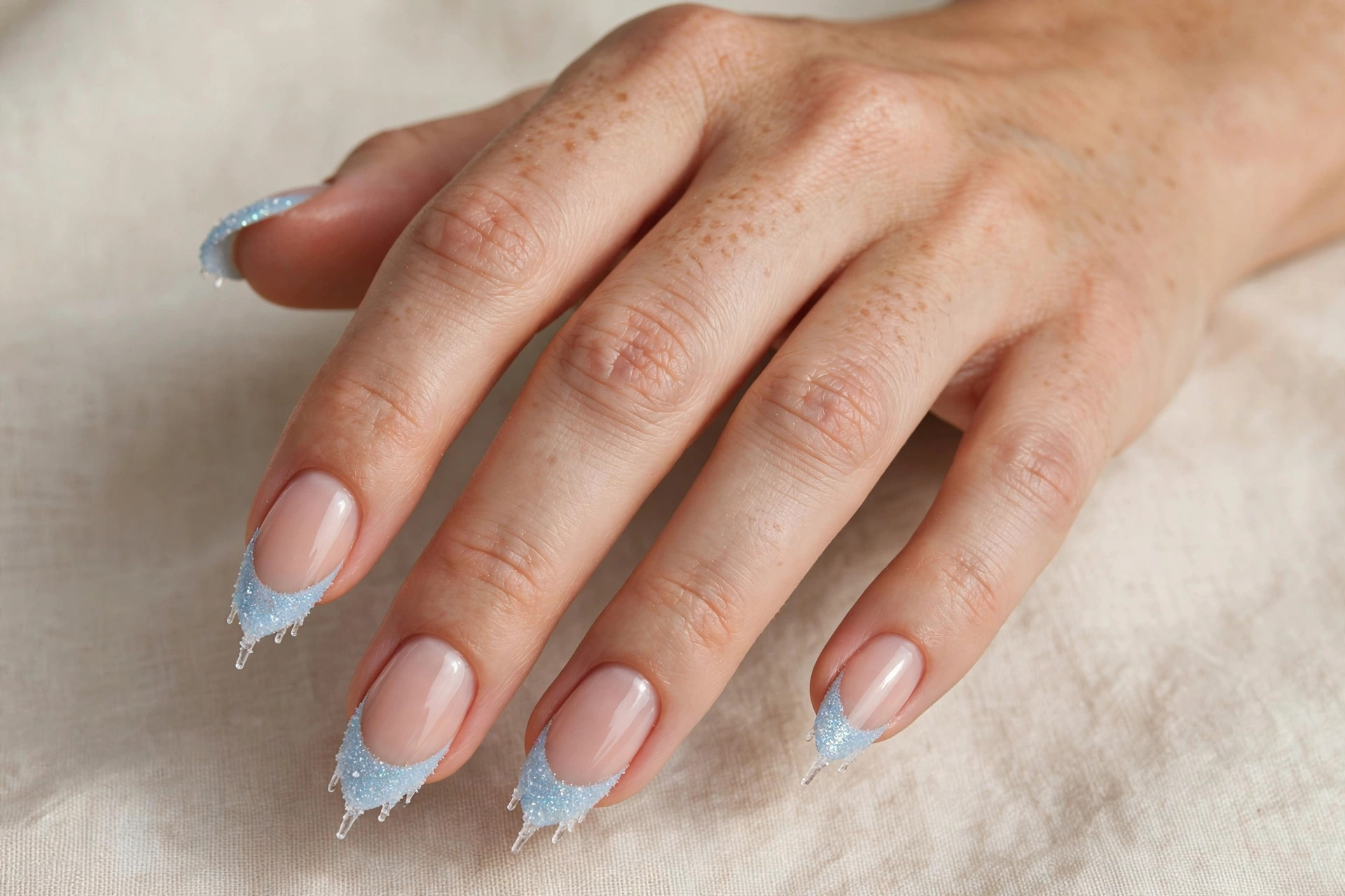 Icy blue glitter French tip Christmas nails