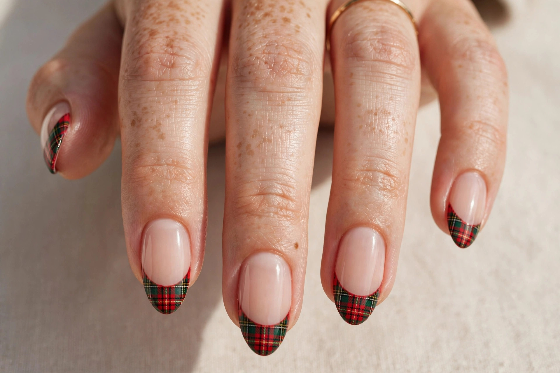 Red and green tartan plaid French tip Christmas nails