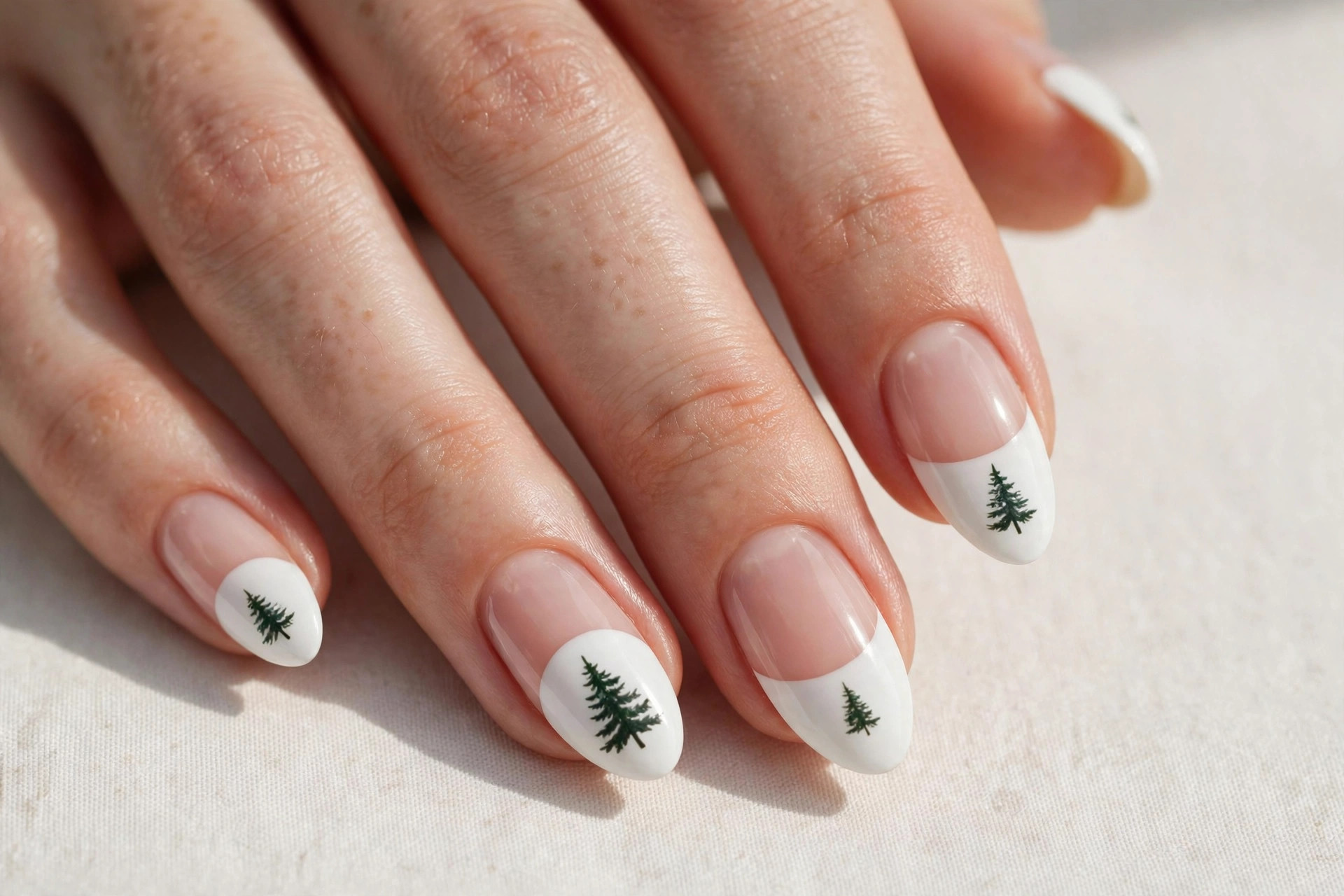White French tip nails with pine tree silhouette nail art