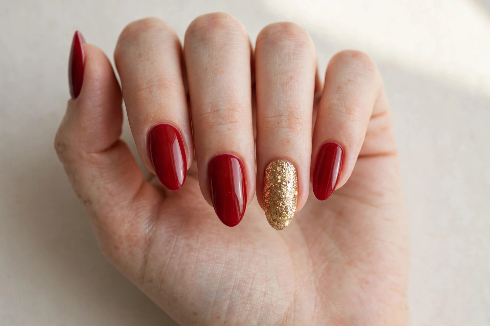 Classic red Christmas nail art with a gold glitter accent nail