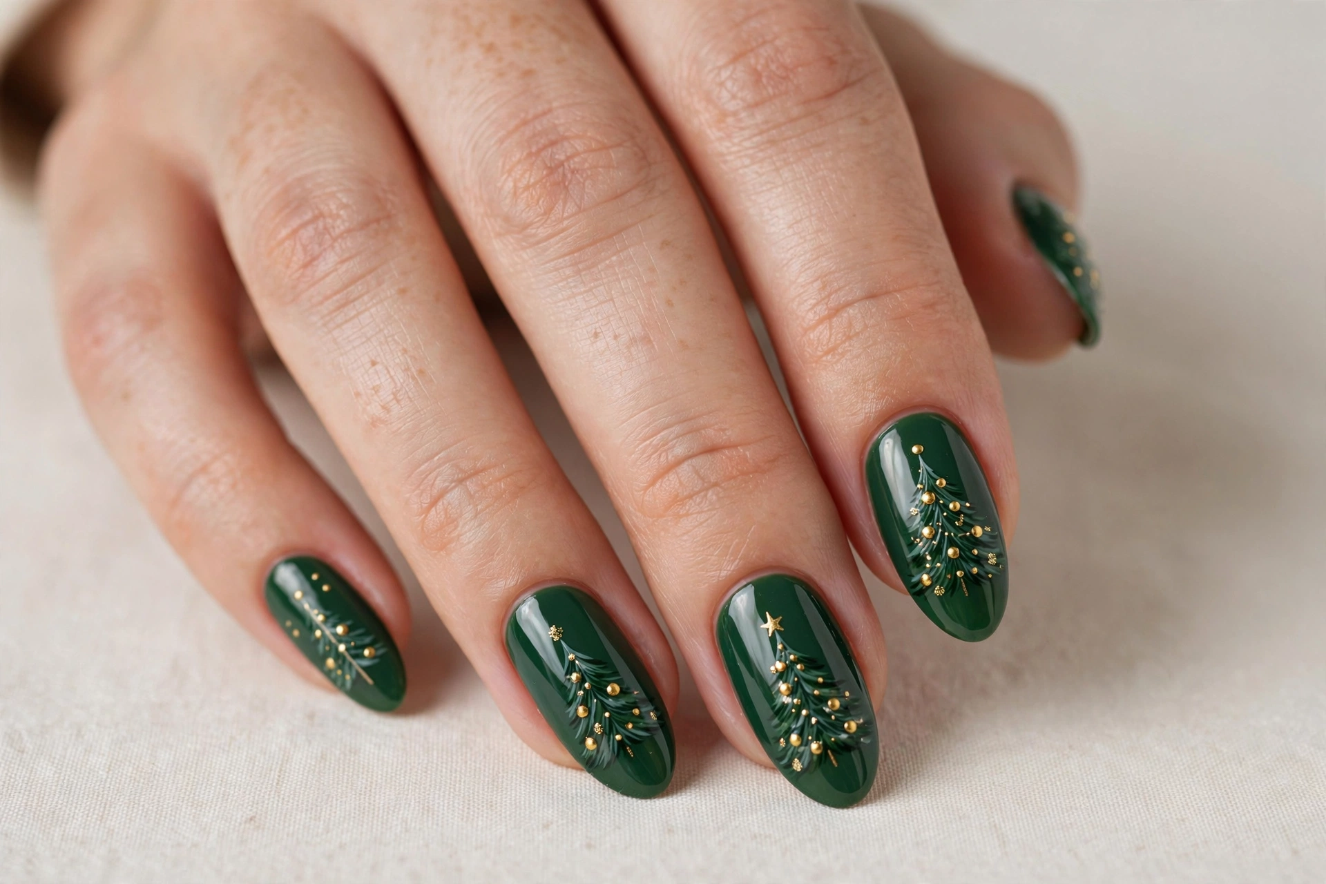 Hand-painted Christmas tree nail art with tiny gold ornaments