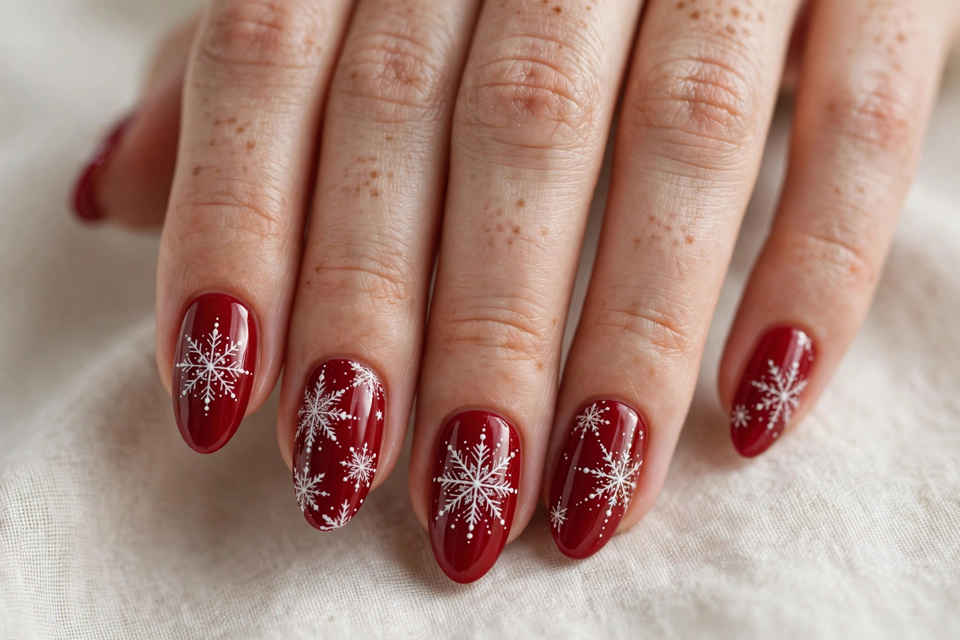 Delicate white snowflake nail art on a glossy red base