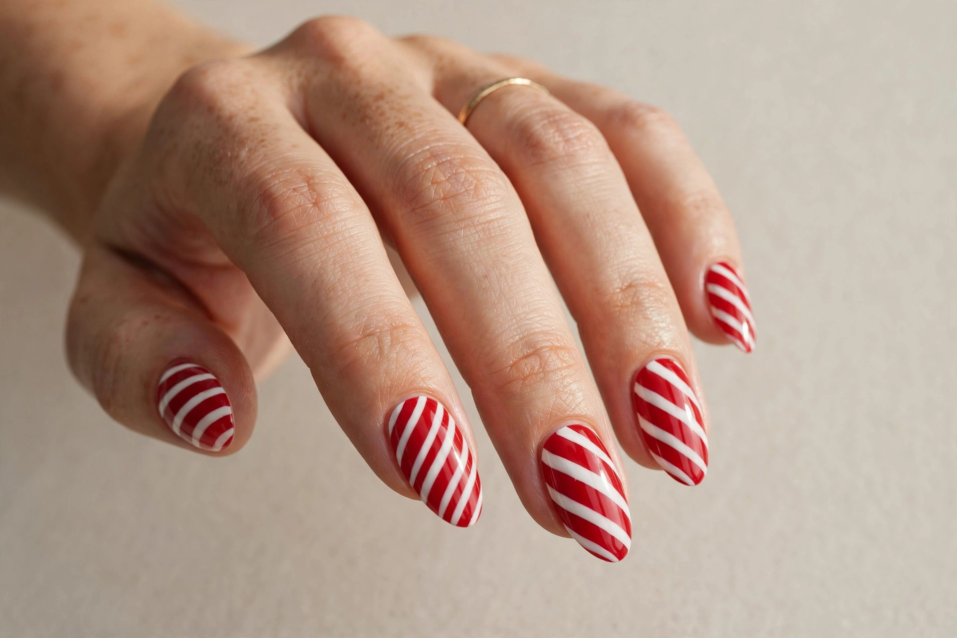 Candy cane red and white striped Christmas nail art