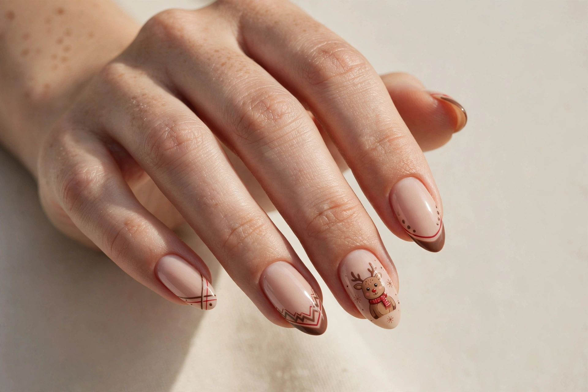 Cute reindeer accent nail art on a nude Christmas manicure