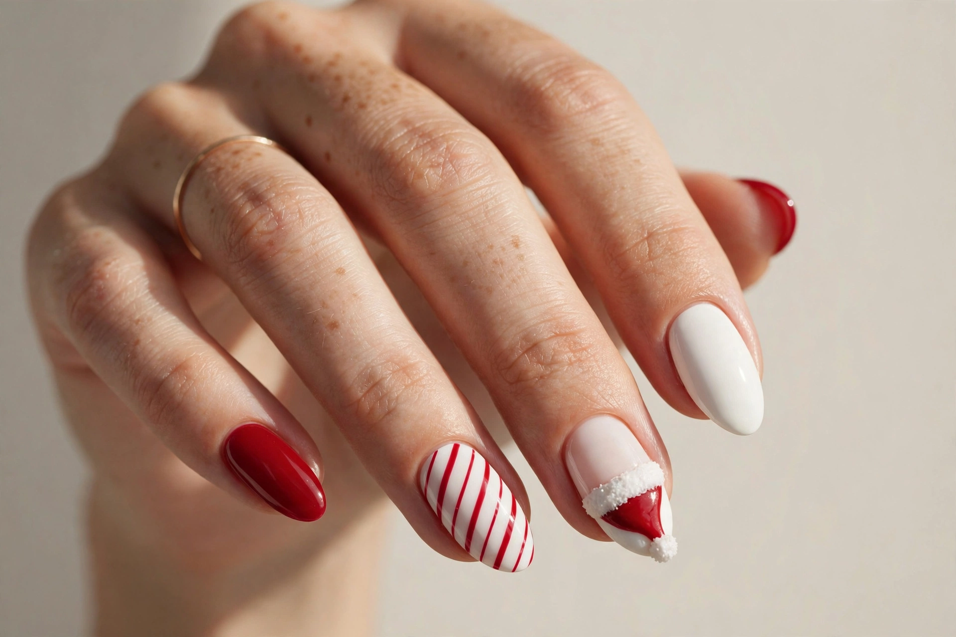 Santa hat accent nail art on red and white Christmas nails