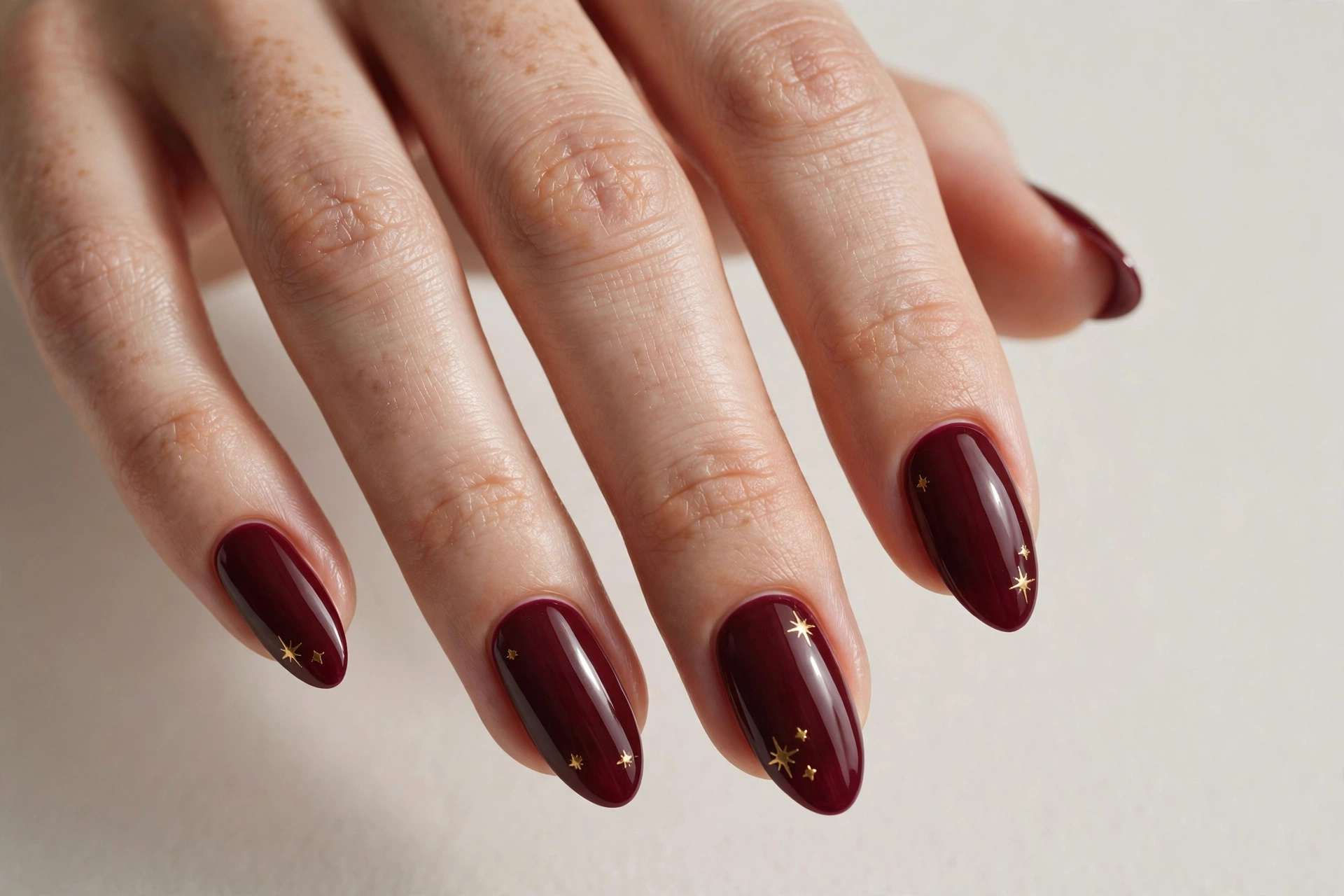 Deep burgundy Christmas nails with tiny gold star art