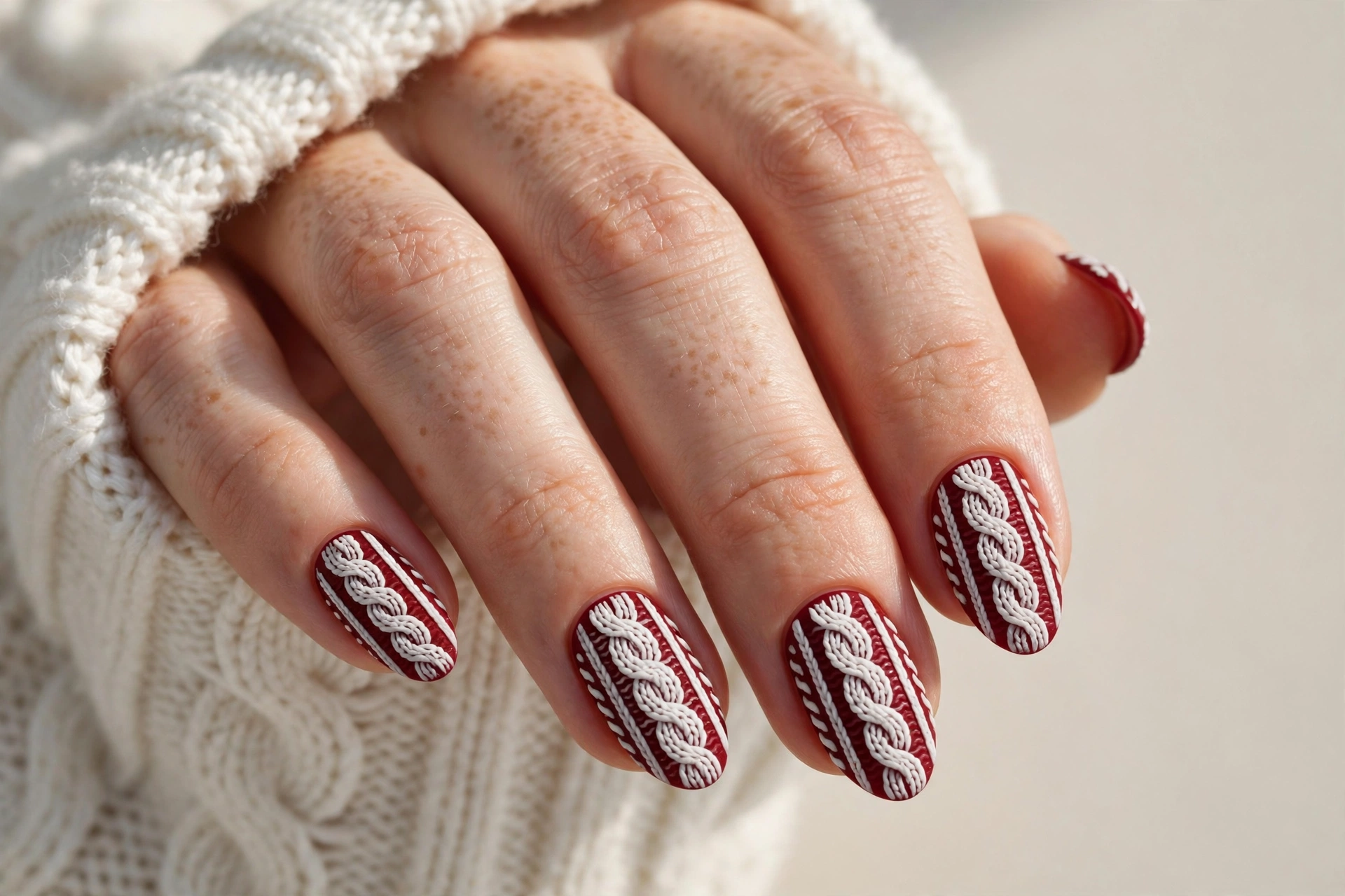 Cozy white sweater knit texture Christmas nail art