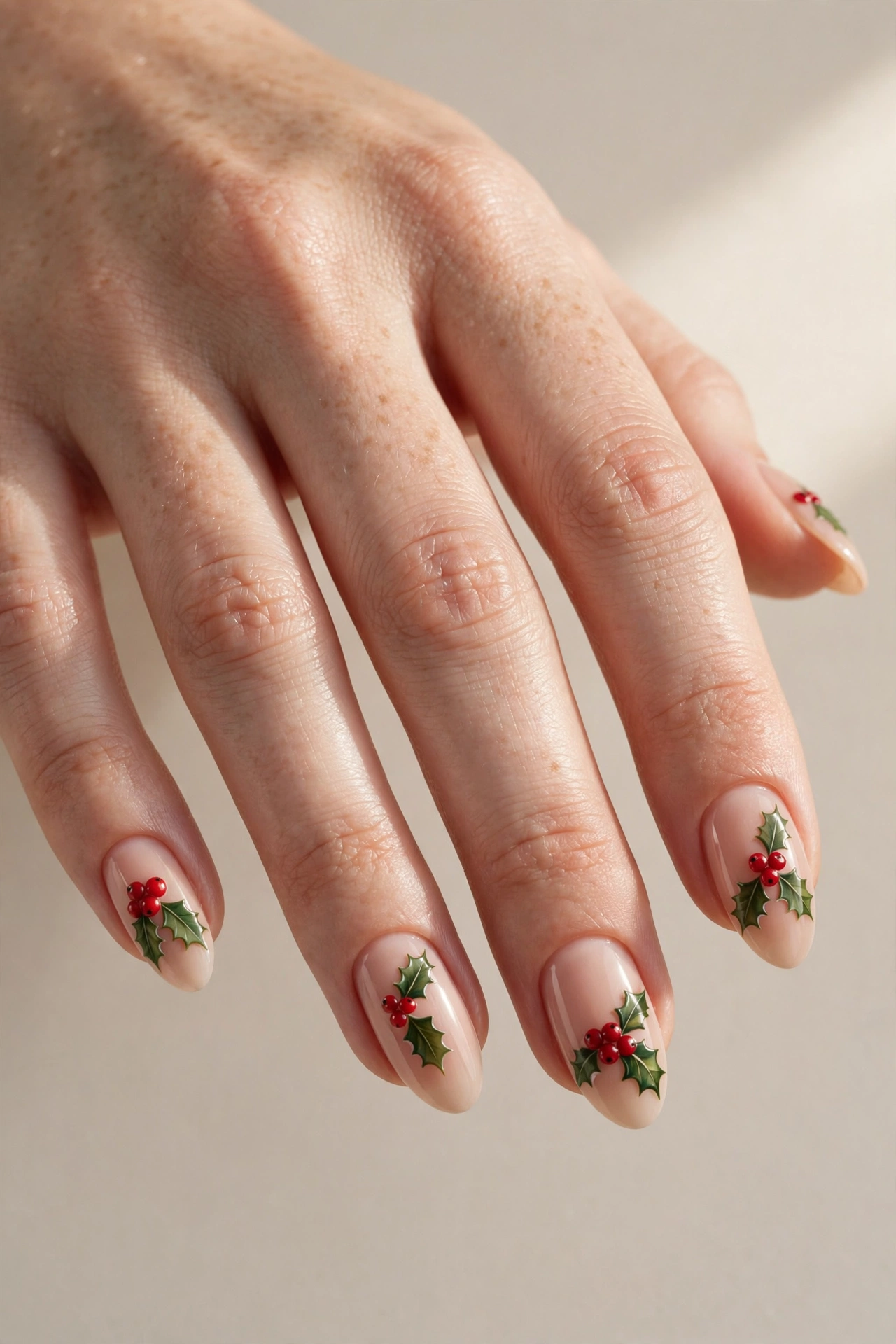 Holly berry nail art with red berries and green leaves on nude