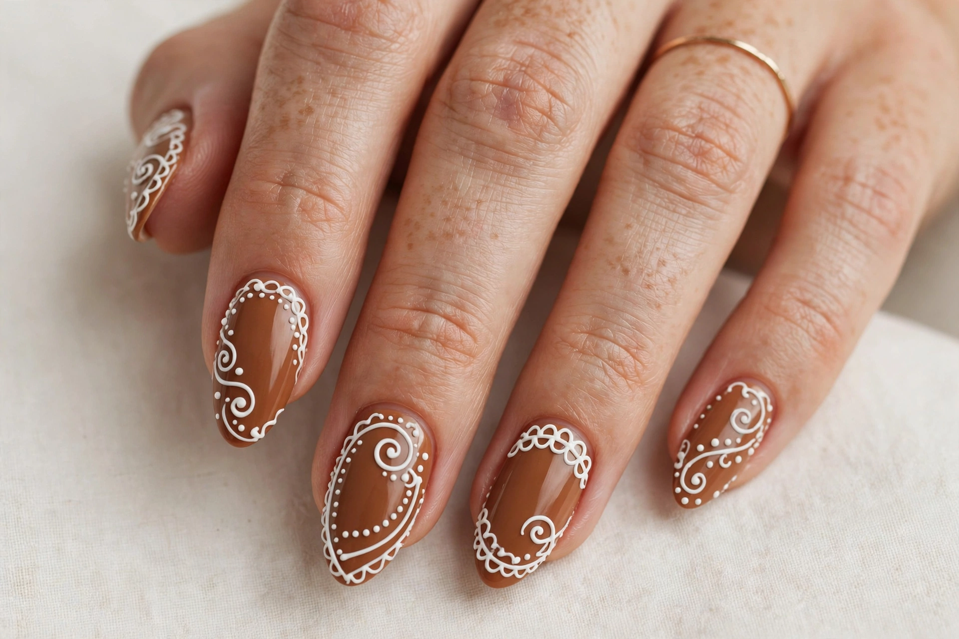 Gingerbread brown Christmas nails with white icing details