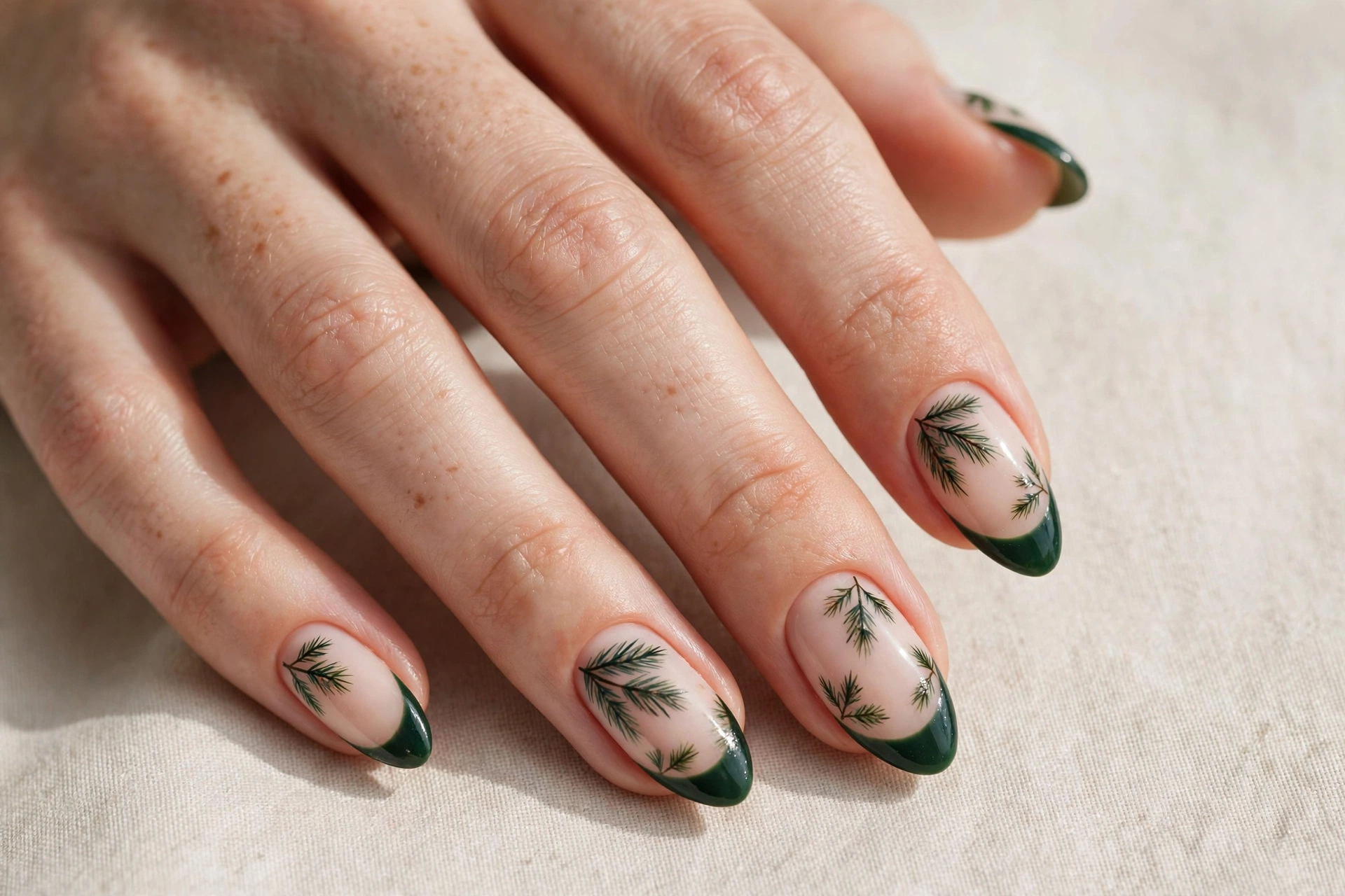 Dark green French tips with pine branch Christmas nail art