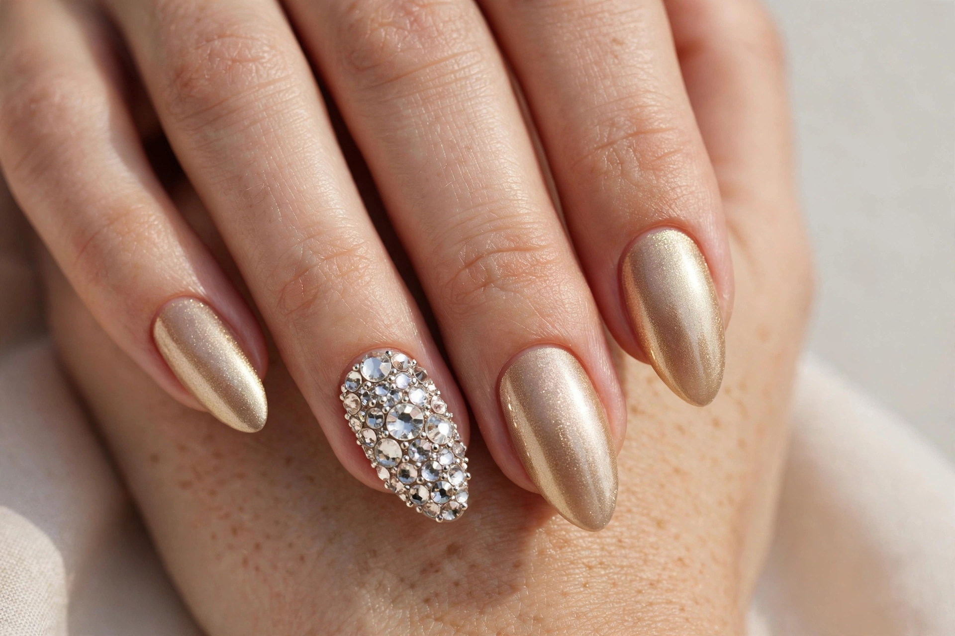 Crystal rhinestone glam Christmas nail art on champagne gold
