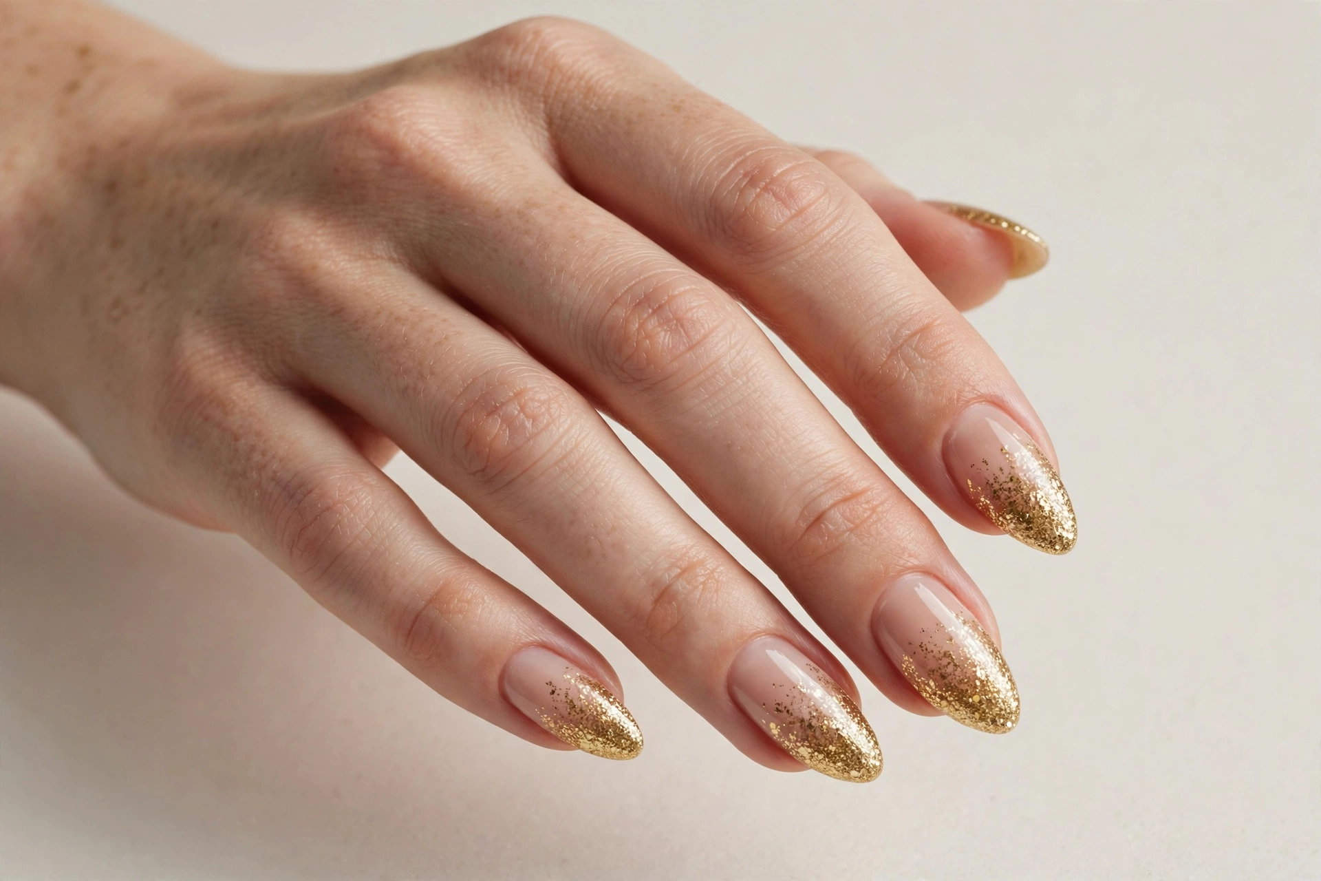Gold glitter gradient fading to nude Christmas nail art