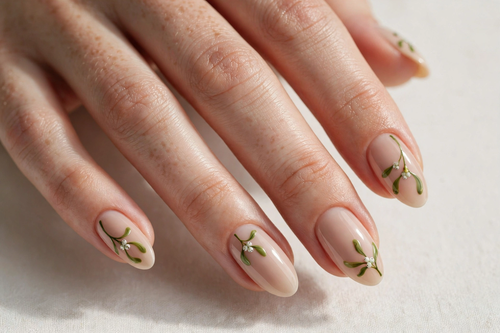 Delicate mistletoe nail art on a nude Christmas manicure