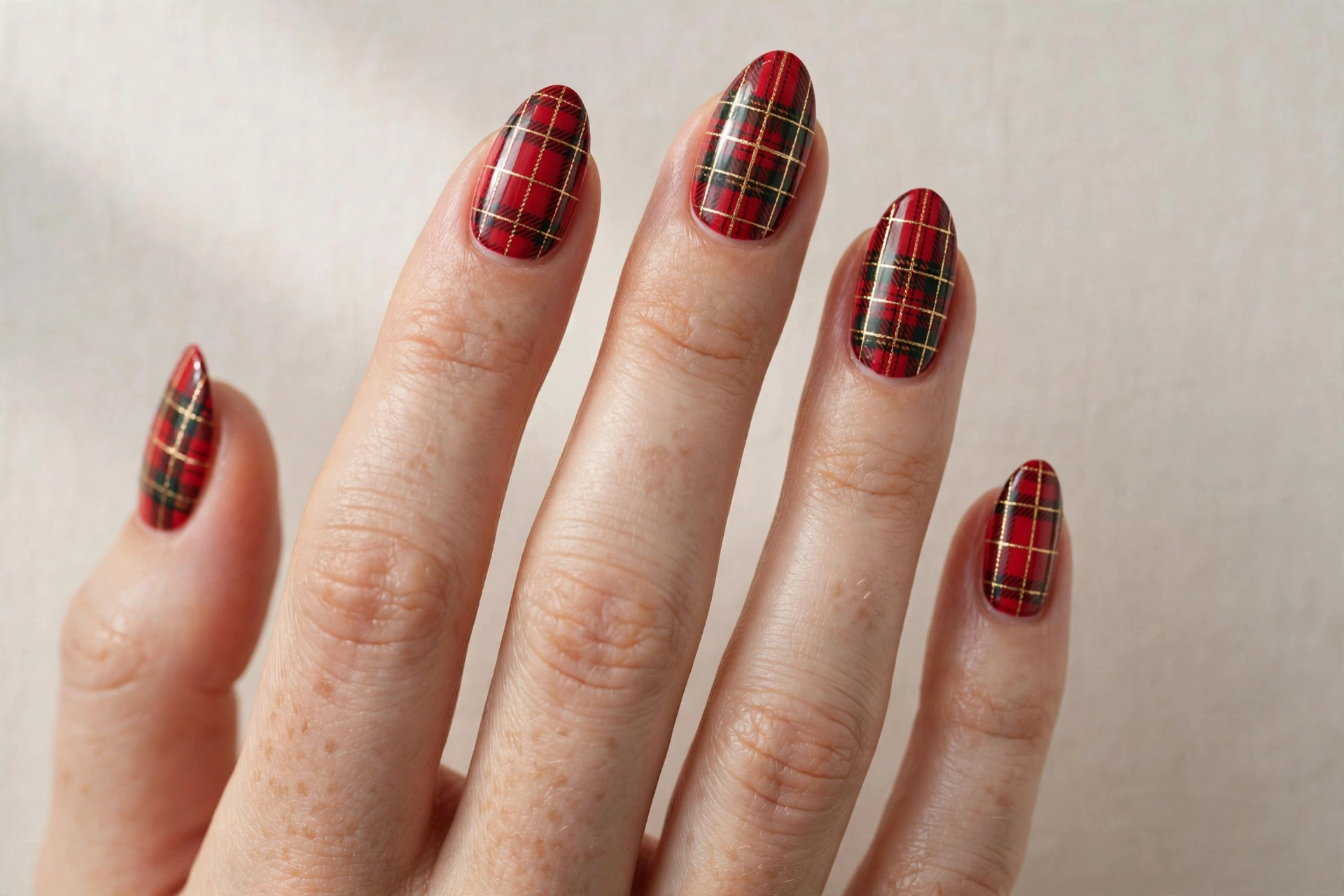 Red tartan plaid Christmas nail art with gold lines