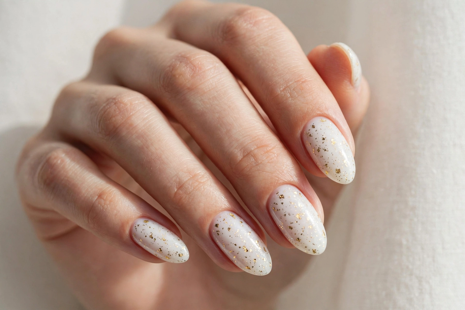 Snowy white Christmas nails with tiny gold flecks