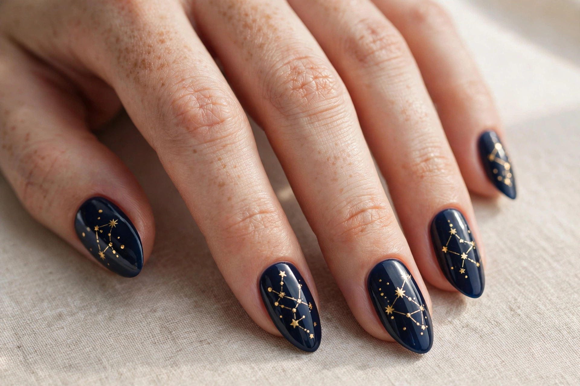 Midnight navy Christmas nails with gold star constellation art