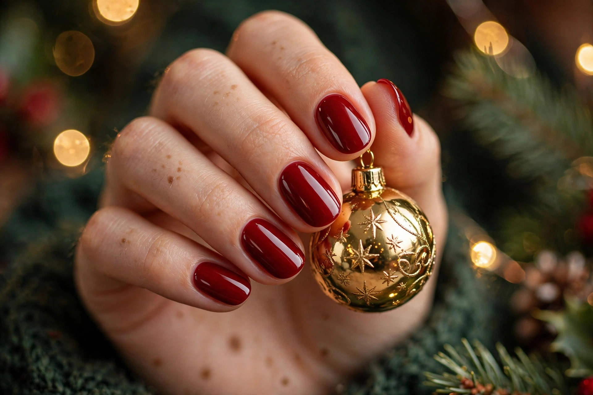 Classic glossy Christmas red nails on oval shaped nails