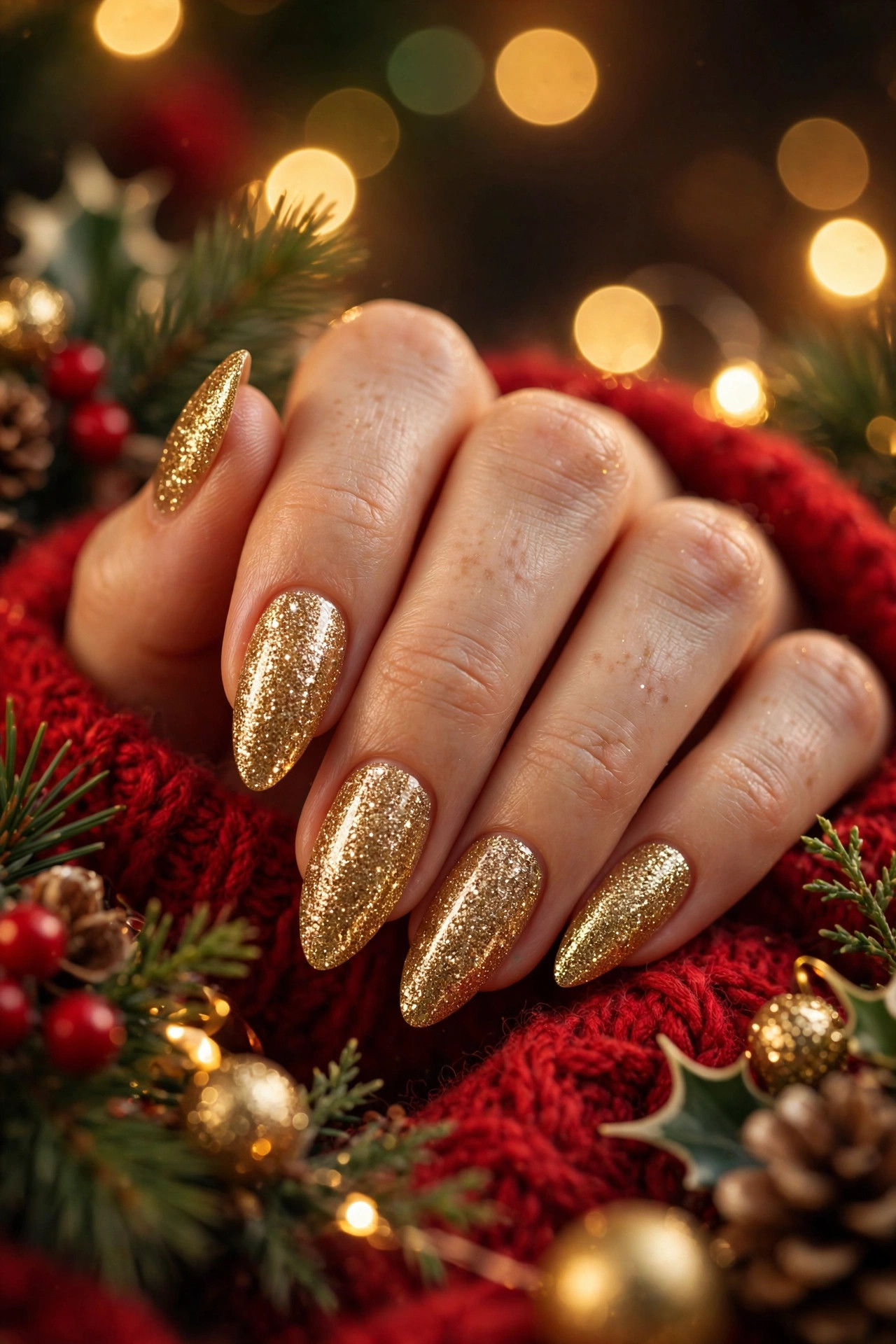 Full coverage gold glitter Christmas nails on almond shaped nails