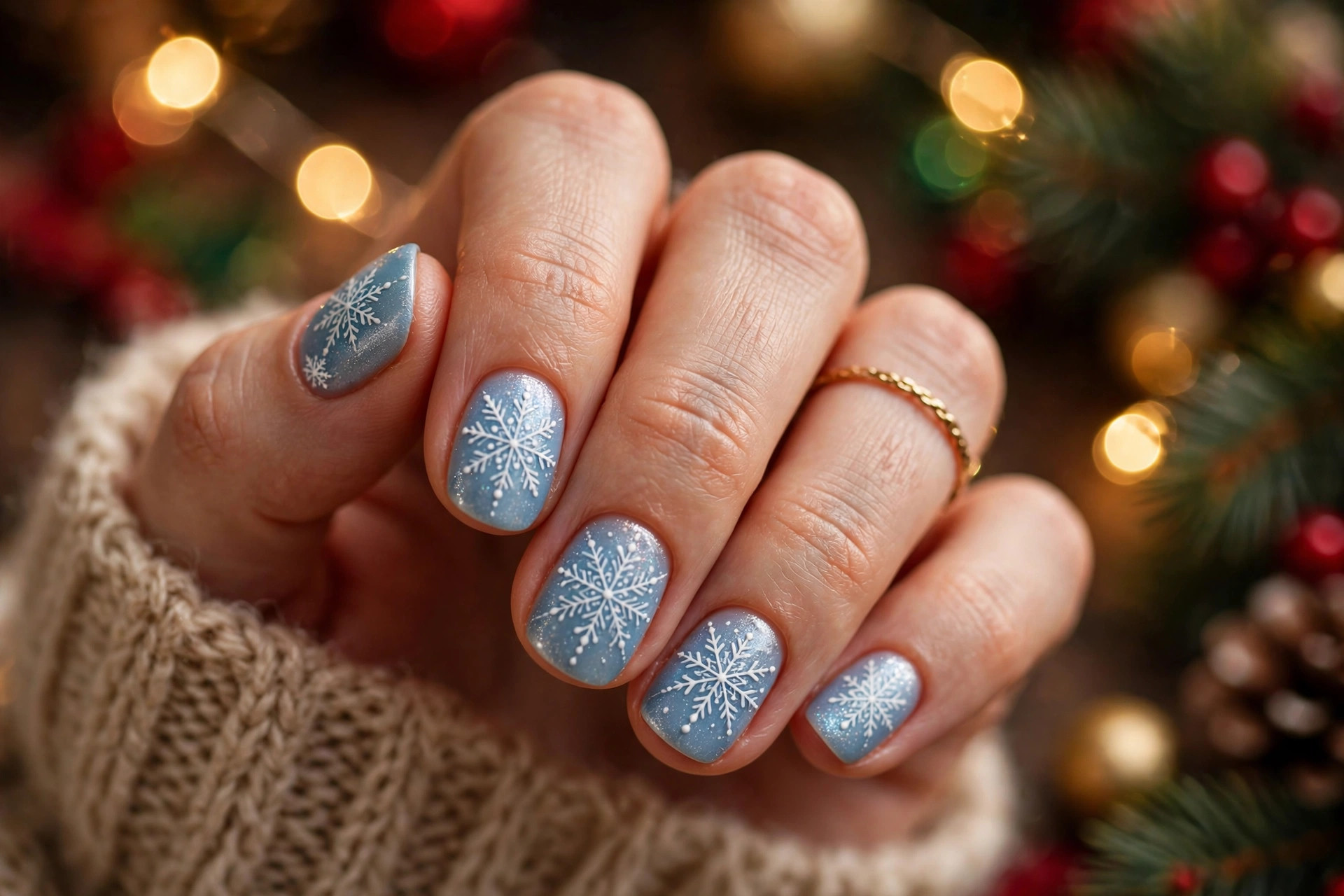 White snowflake nail art on icy blue Christmas nails