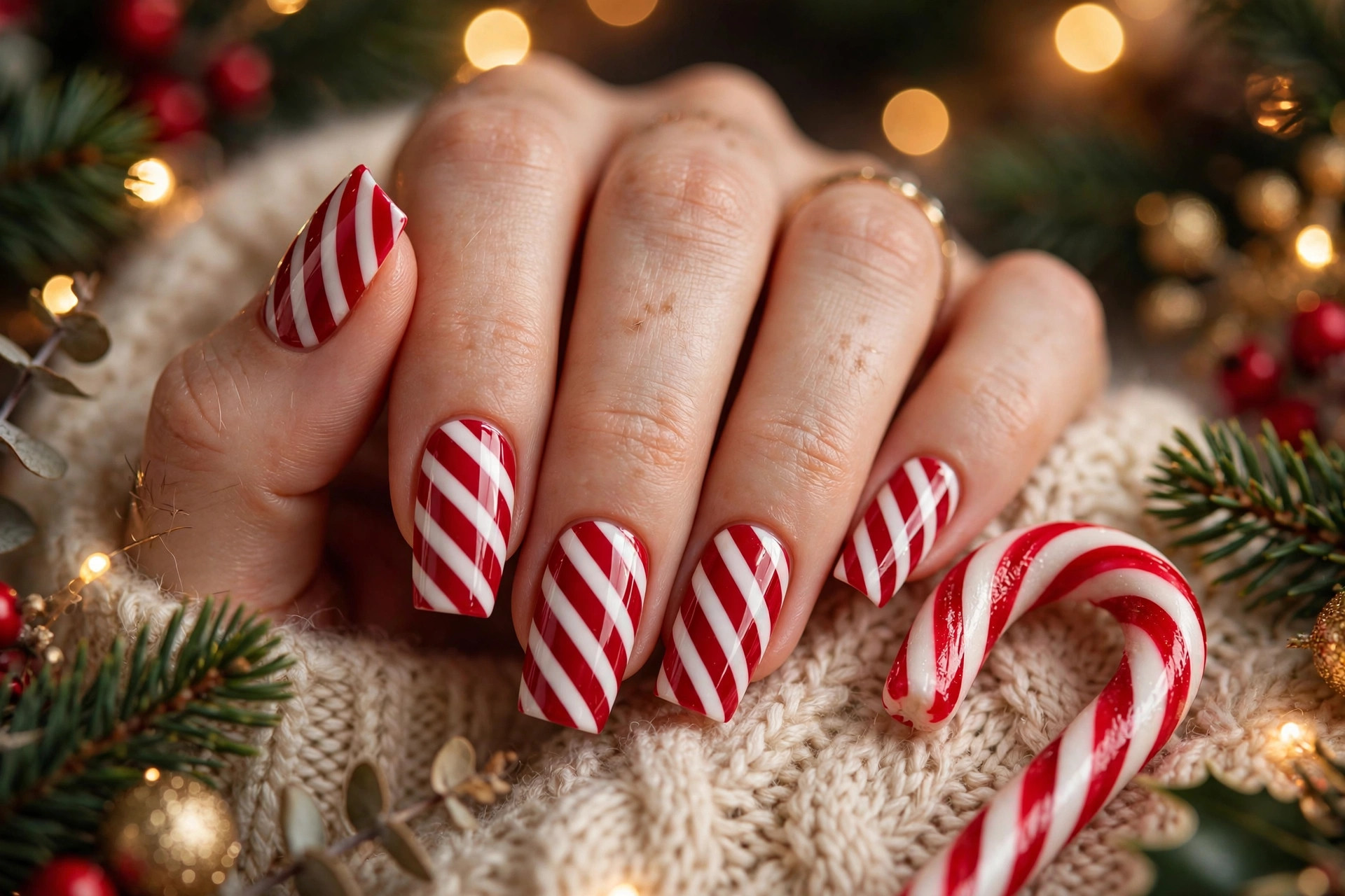 Red and white candy cane striped Christmas nail art