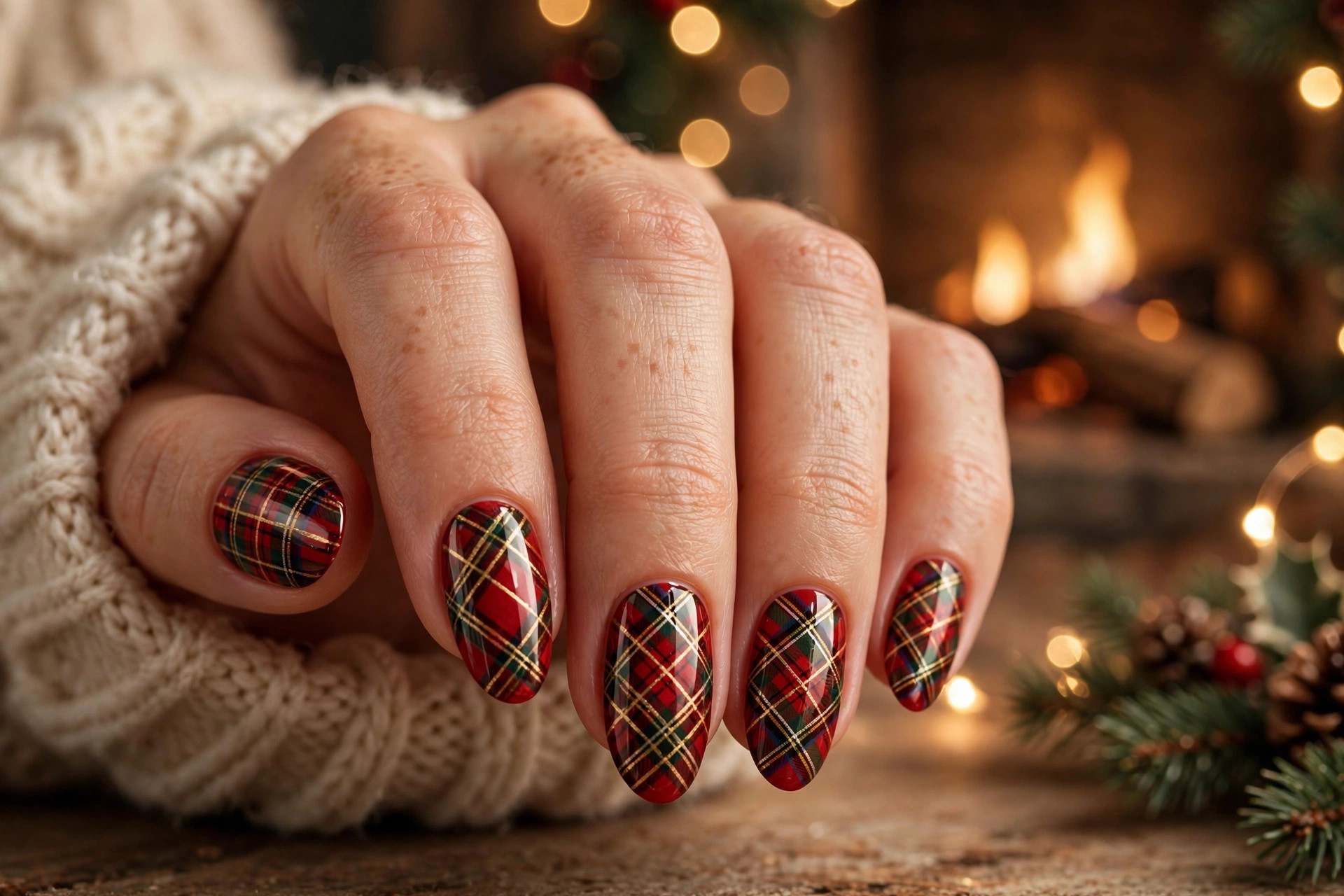 Christmas tartan plaid nail art in red green and gold