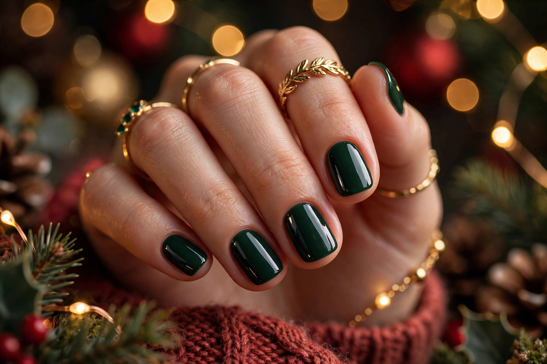 Deep emerald green glossy Christmas nails on squoval nails
