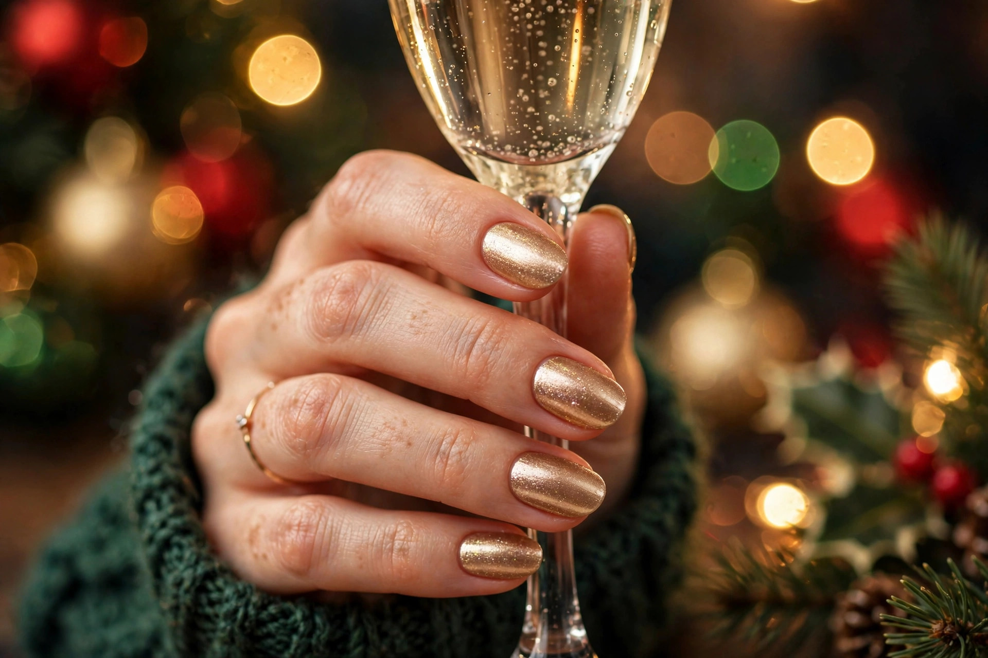 Shimmering champagne gold metallic Christmas nails