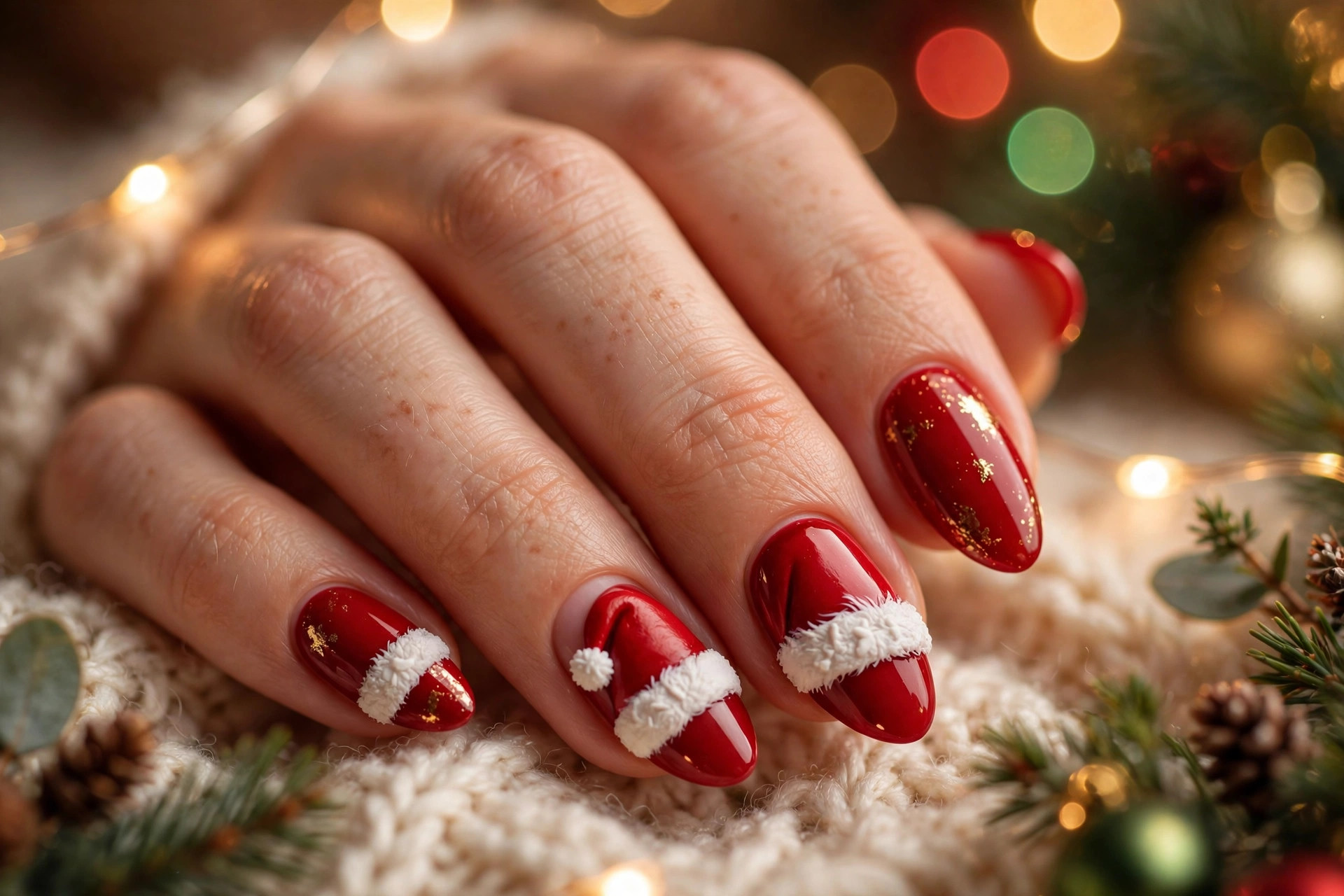 Santa hat nail art accents on red Christmas nails