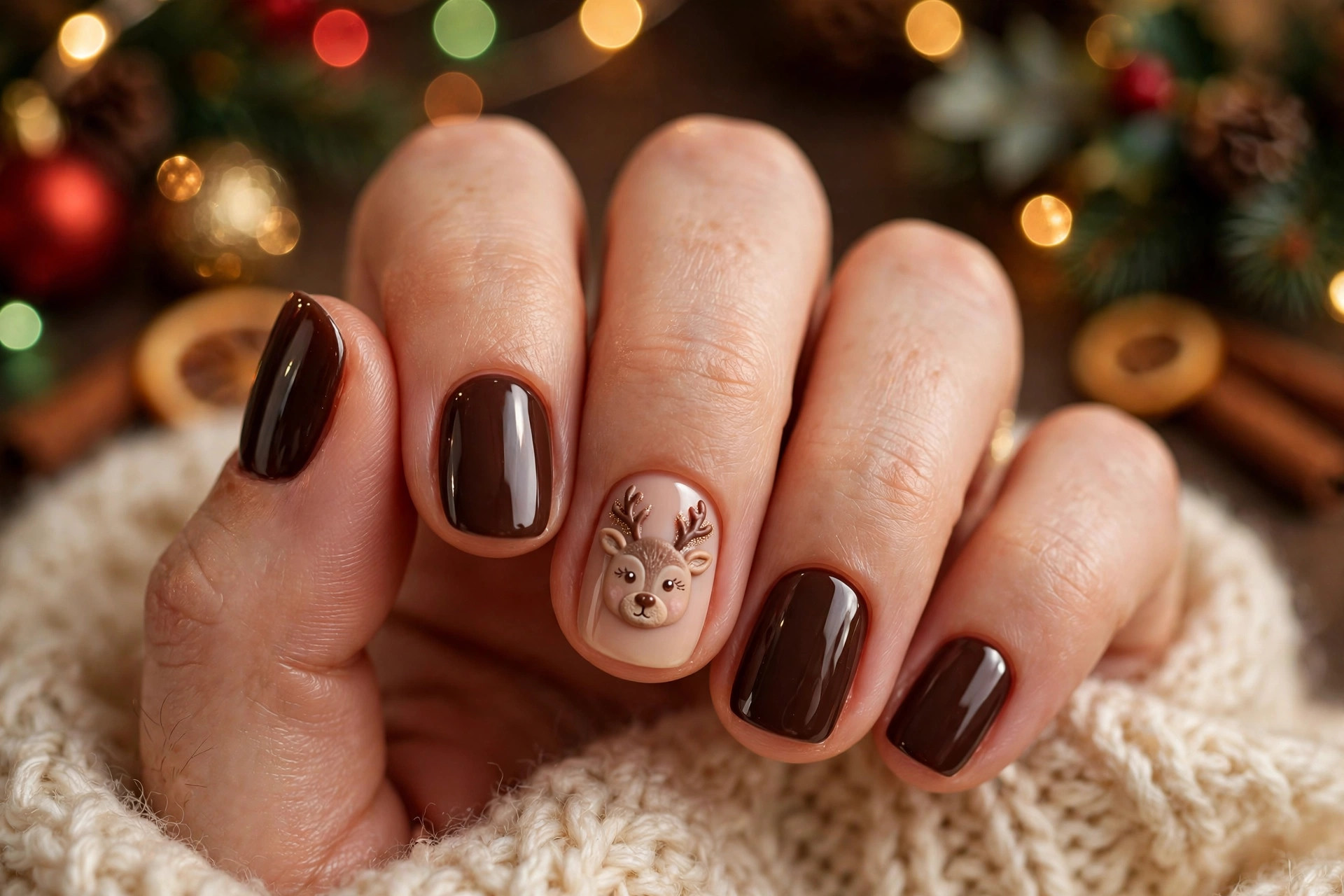 Cute reindeer face accent nail art on nude Christmas nails