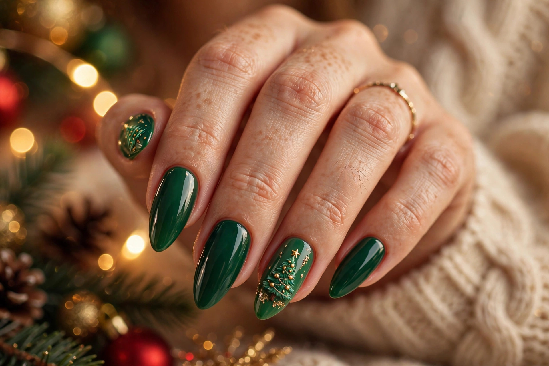 Decorated Christmas tree nail art in green with gold ornaments
