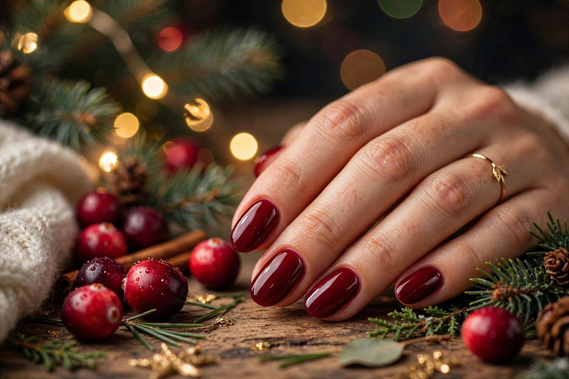 Rich cranberry wine glossy Christmas nails on oval nails