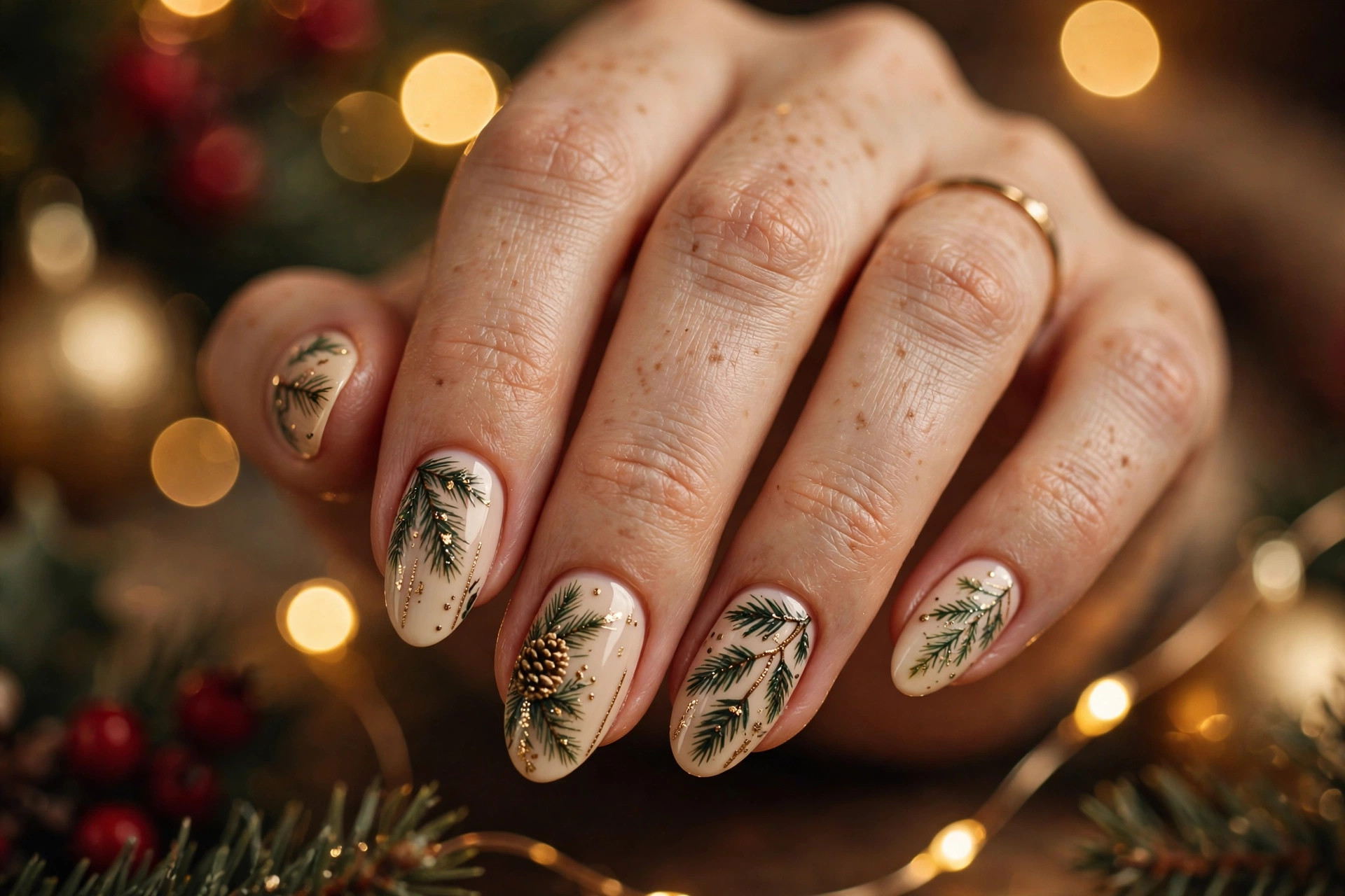 Pine branch evergreen nail art on nude Christmas nails