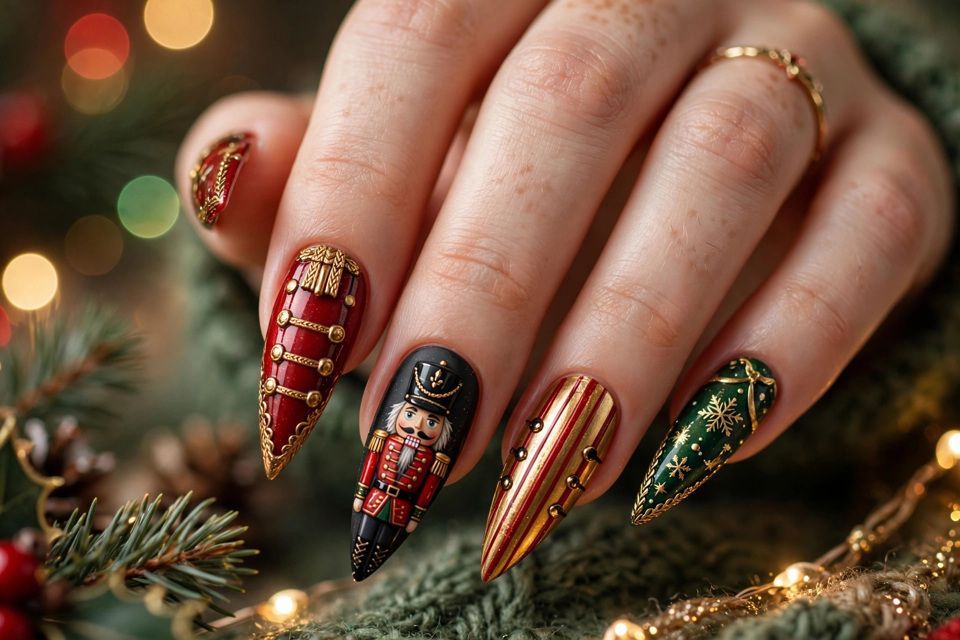 Nutcracker inspired red gold and black Christmas nail art