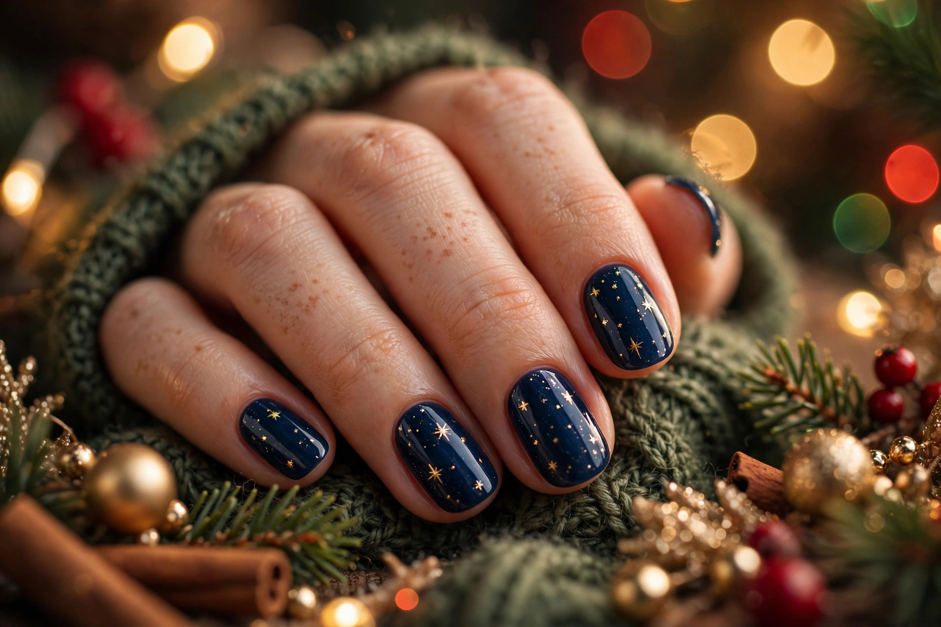 Midnight blue Christmas nails with tiny gold stars