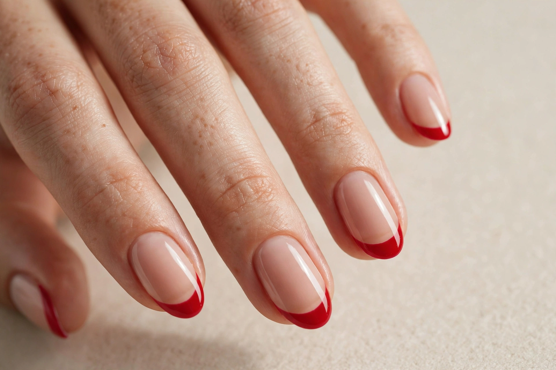 Short almond nails with classic red French tips on a nude base